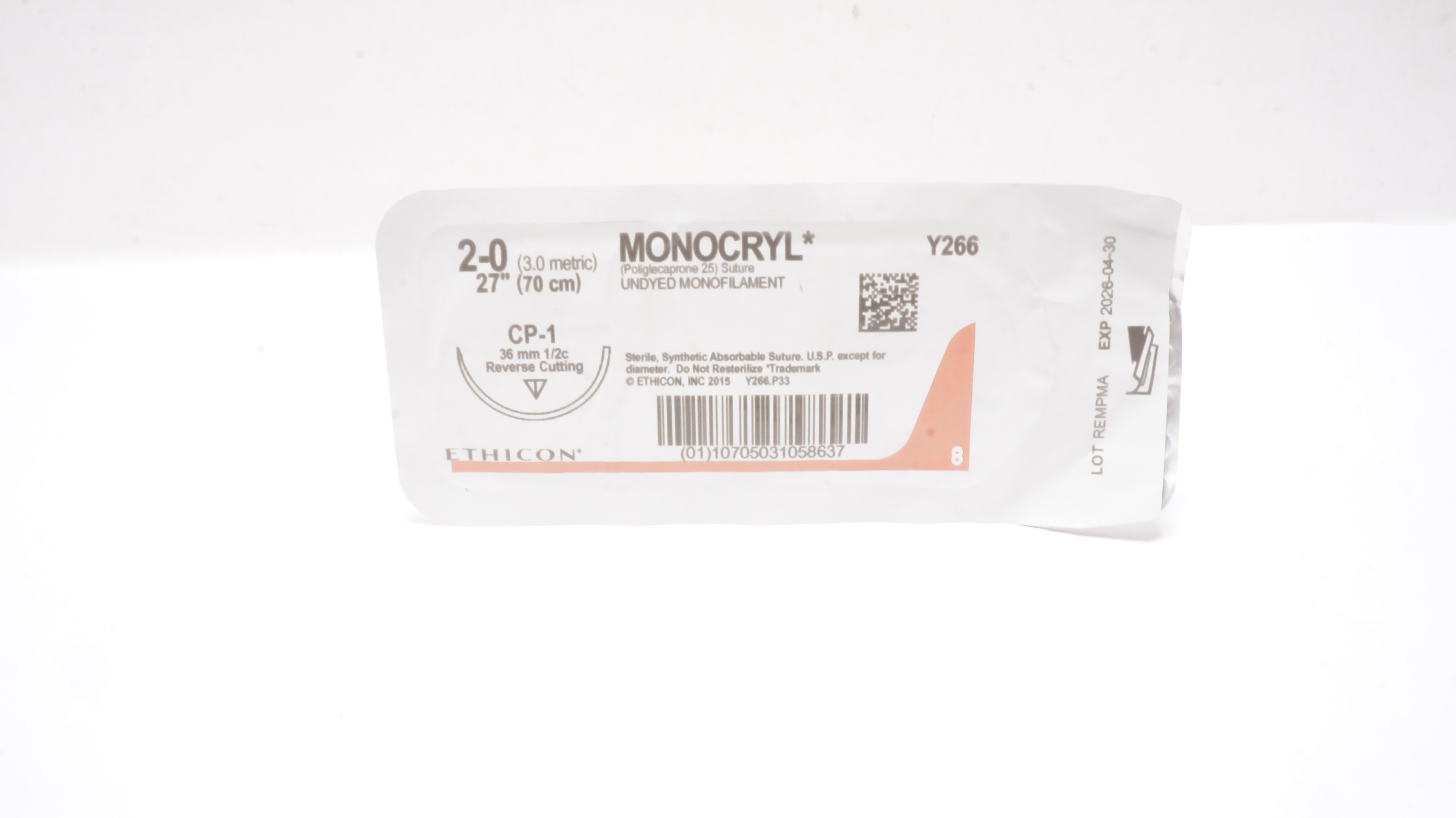 Ethicon Y266 2-0 MONOCRYL CP-1 36mm 1/2c 27inch