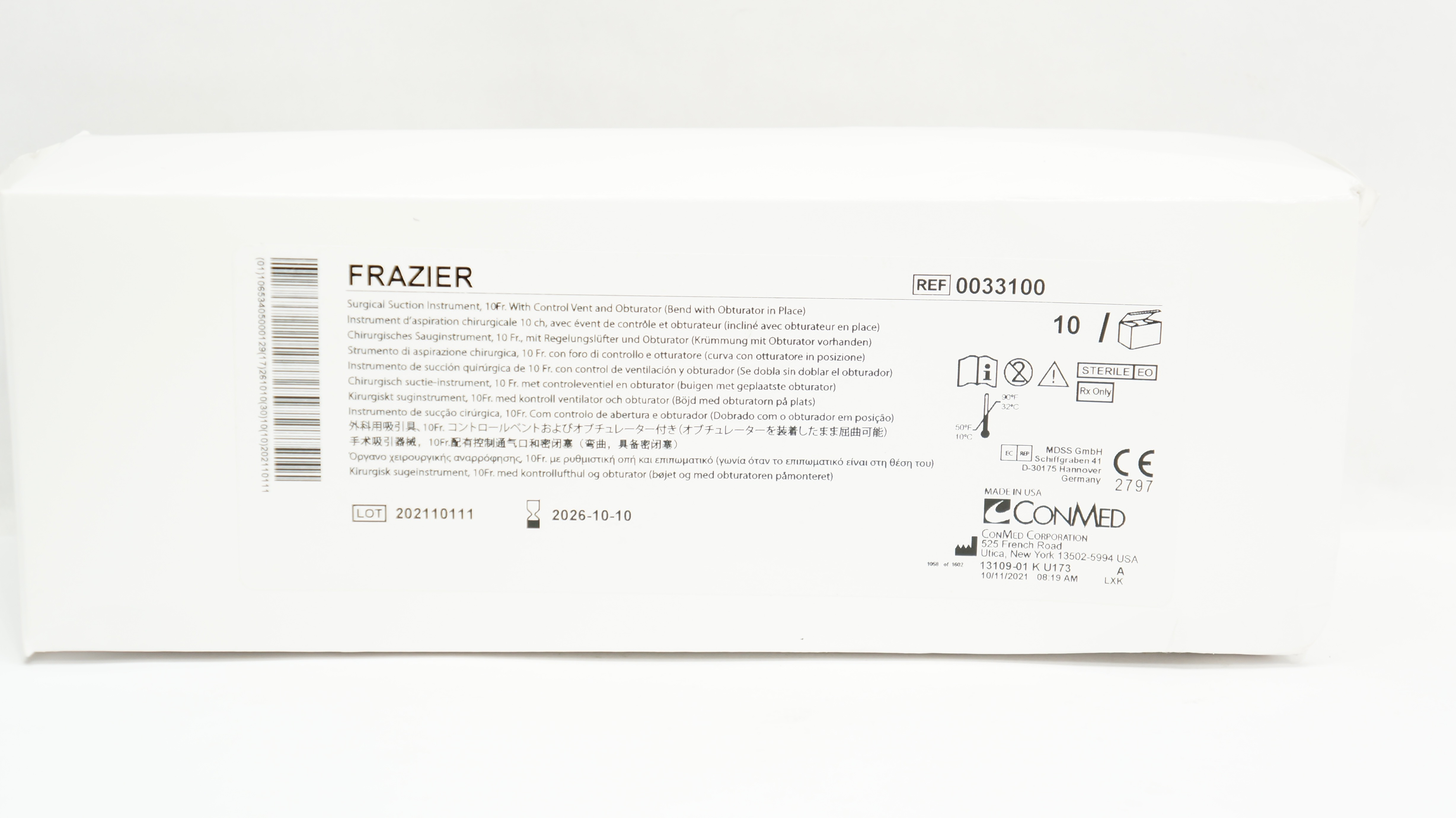 Frazier Instrument ConMed 0033100 Frazier Surgical Suction Instrument 10Fr - Box of 10