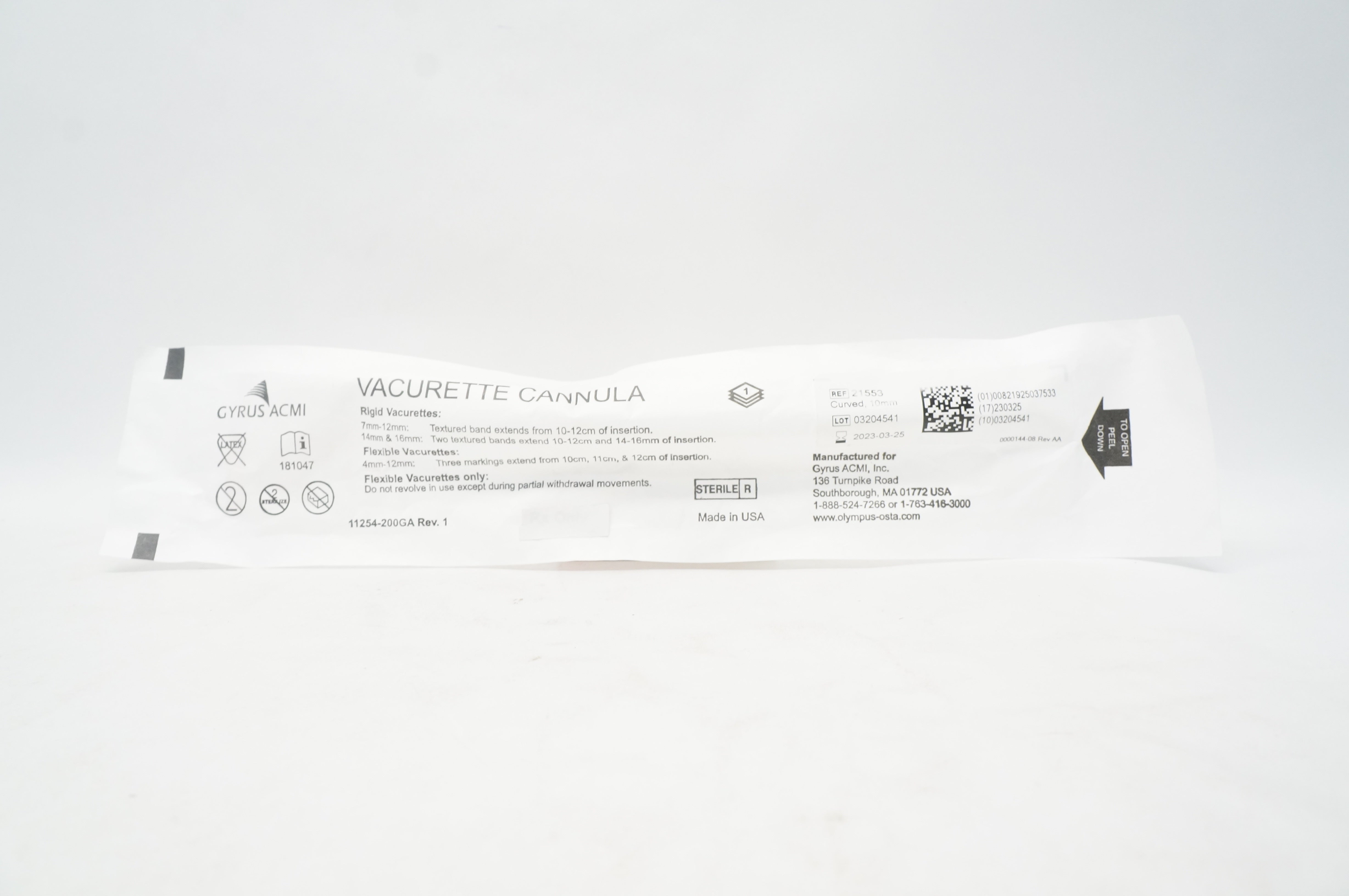 Gyrus ACMI 21553 Vacurette Cannula Curved, 10mm