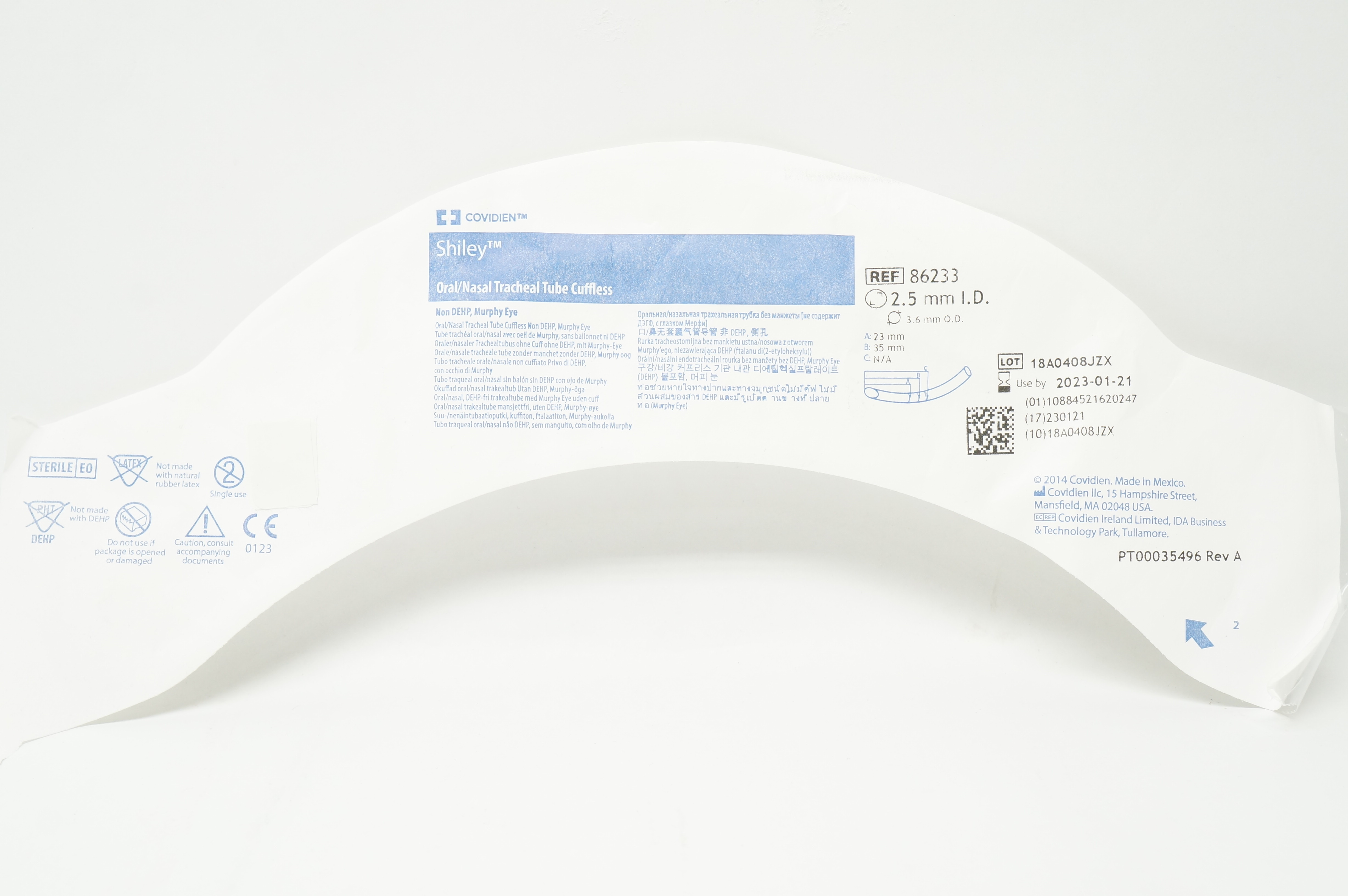 Covidien 86233 Shiley Oral/Nasal Tracheal Tube Cuffless 2.5 I.D. x 3.6mm O.D.(x)