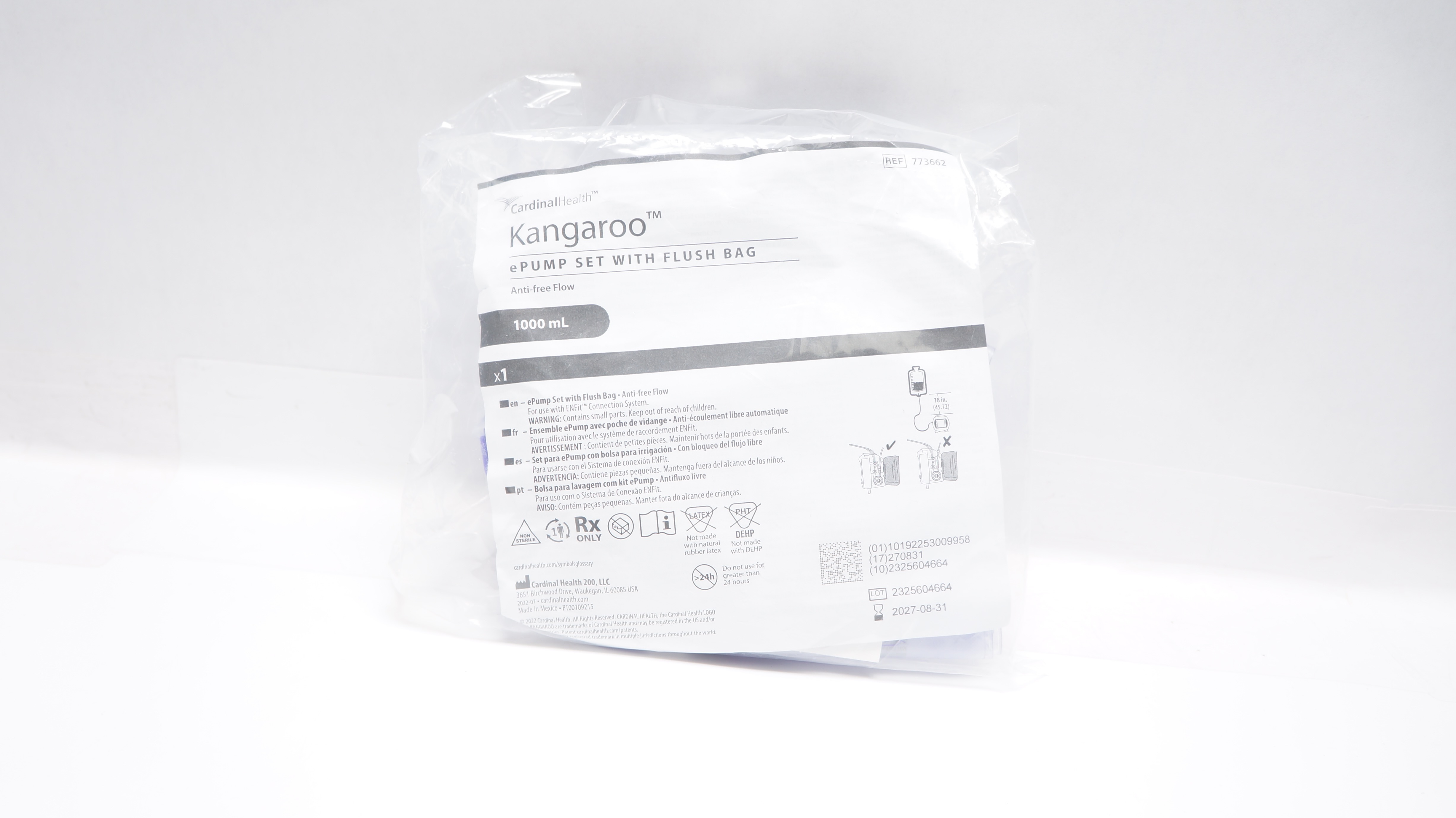 Cardinal Health 773662 Kangaroo Epump Set with Flush Bag AntiFree Flow