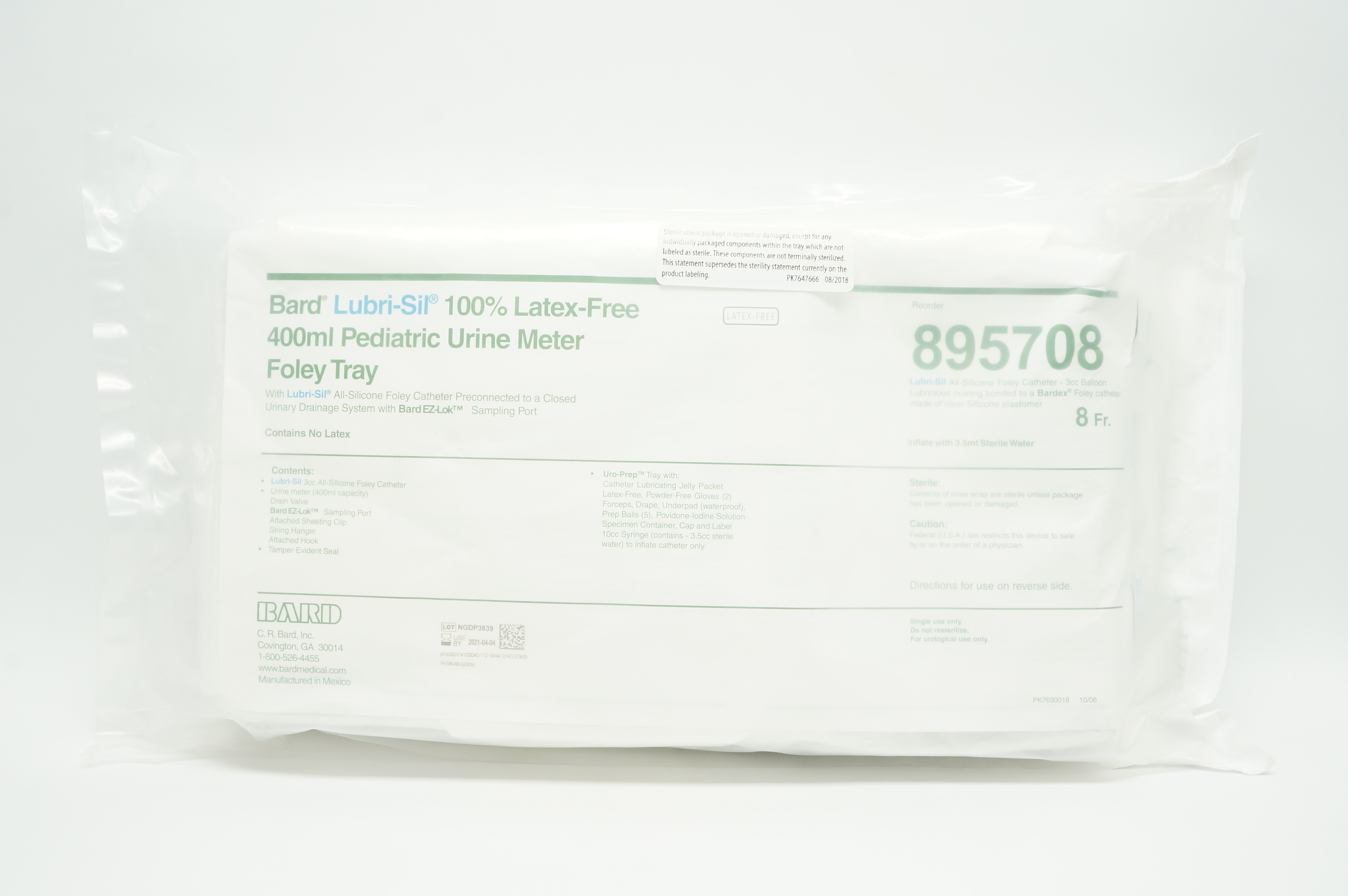 Bard 895708 Lubri-Sil Pediatric Urine Meter Foley Tray 400ml, 8Fr (x)