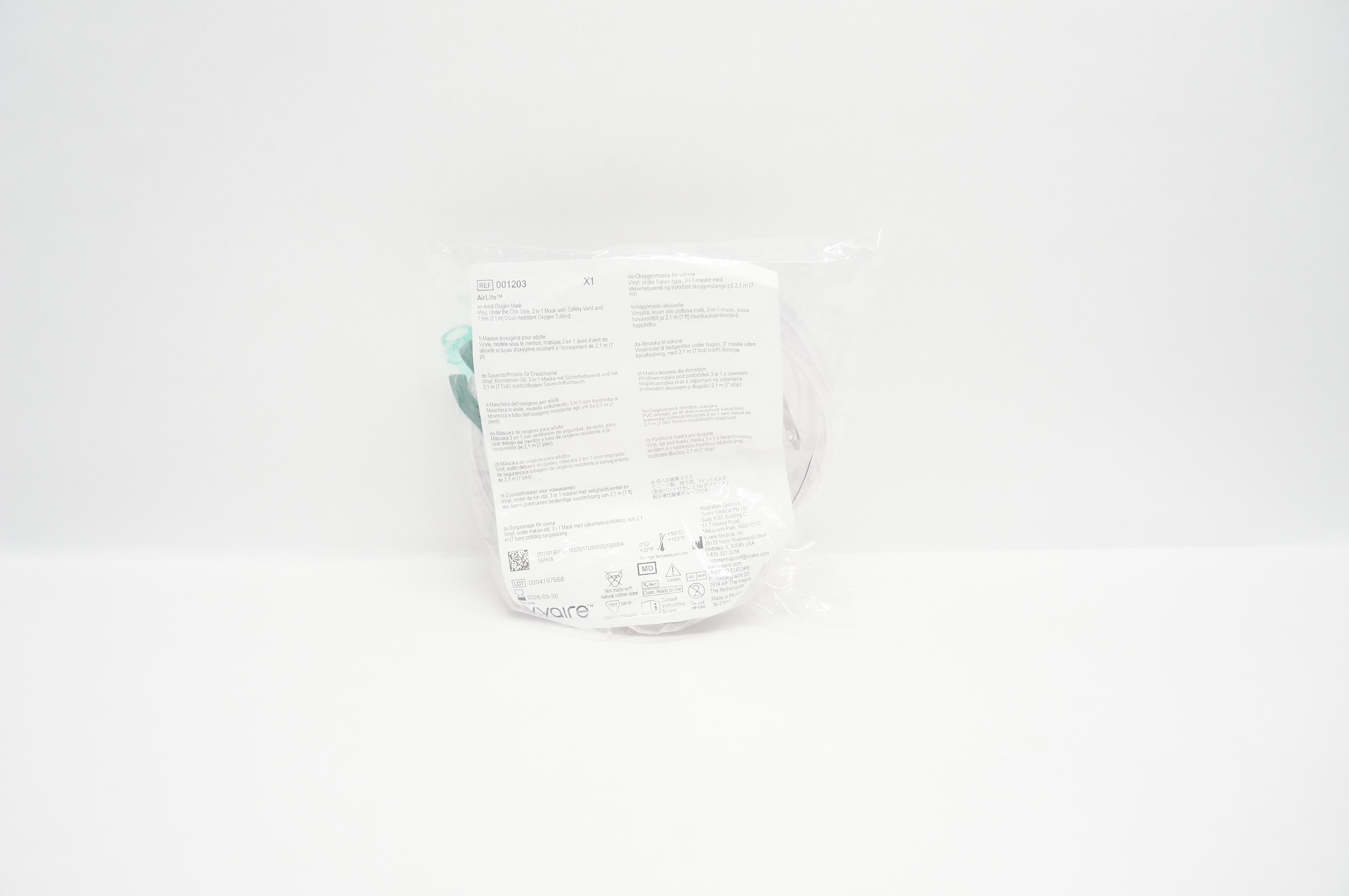 Vyaire 001203 AirLife Adult Oxygen Mask Vinyl w/Resistant Oxygen Tubing 7ft.