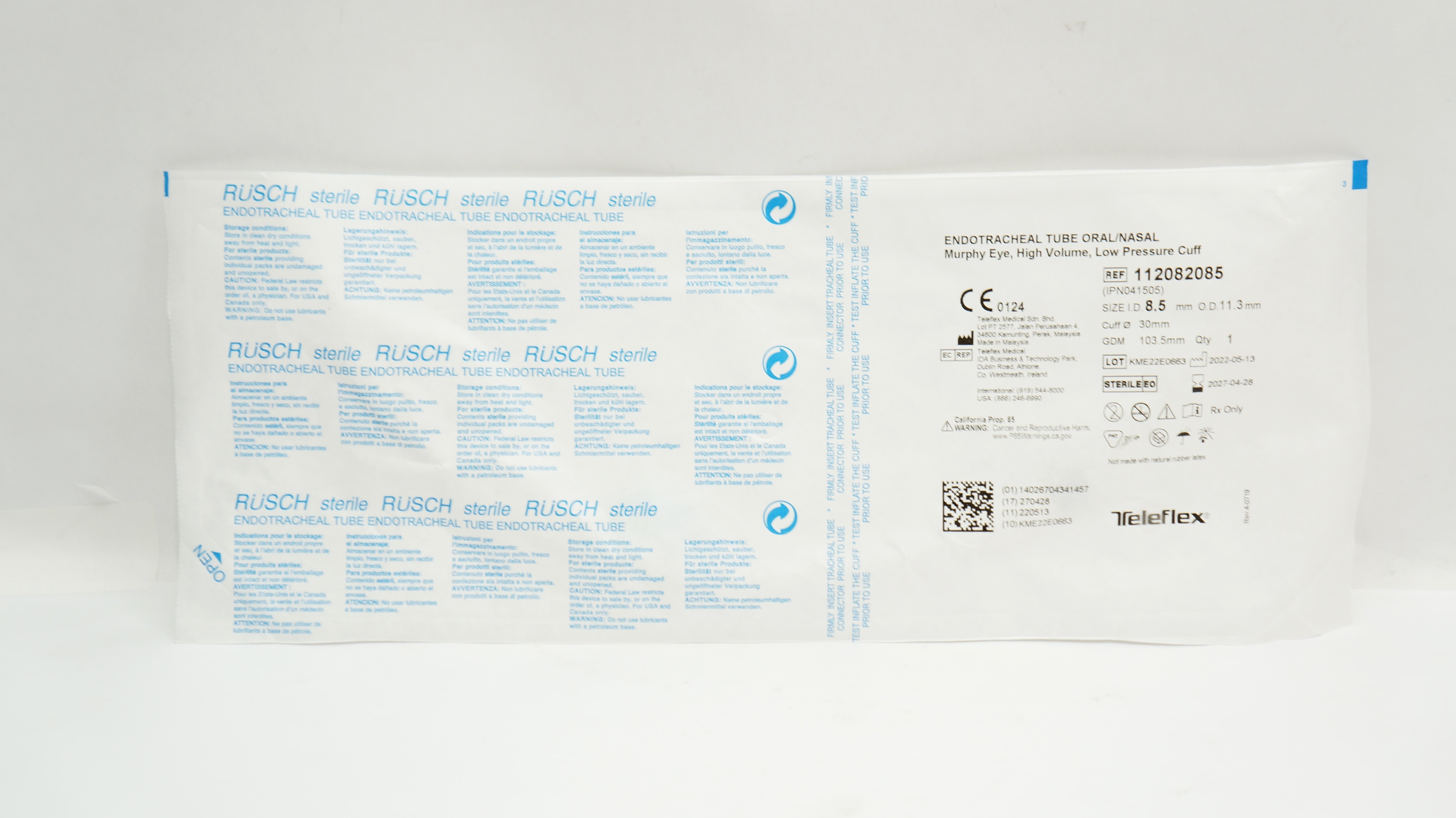 Teleflex 122082085 Rusch Endotracheal Tube 8.5mm ID x 11.3mm OD x 30mm