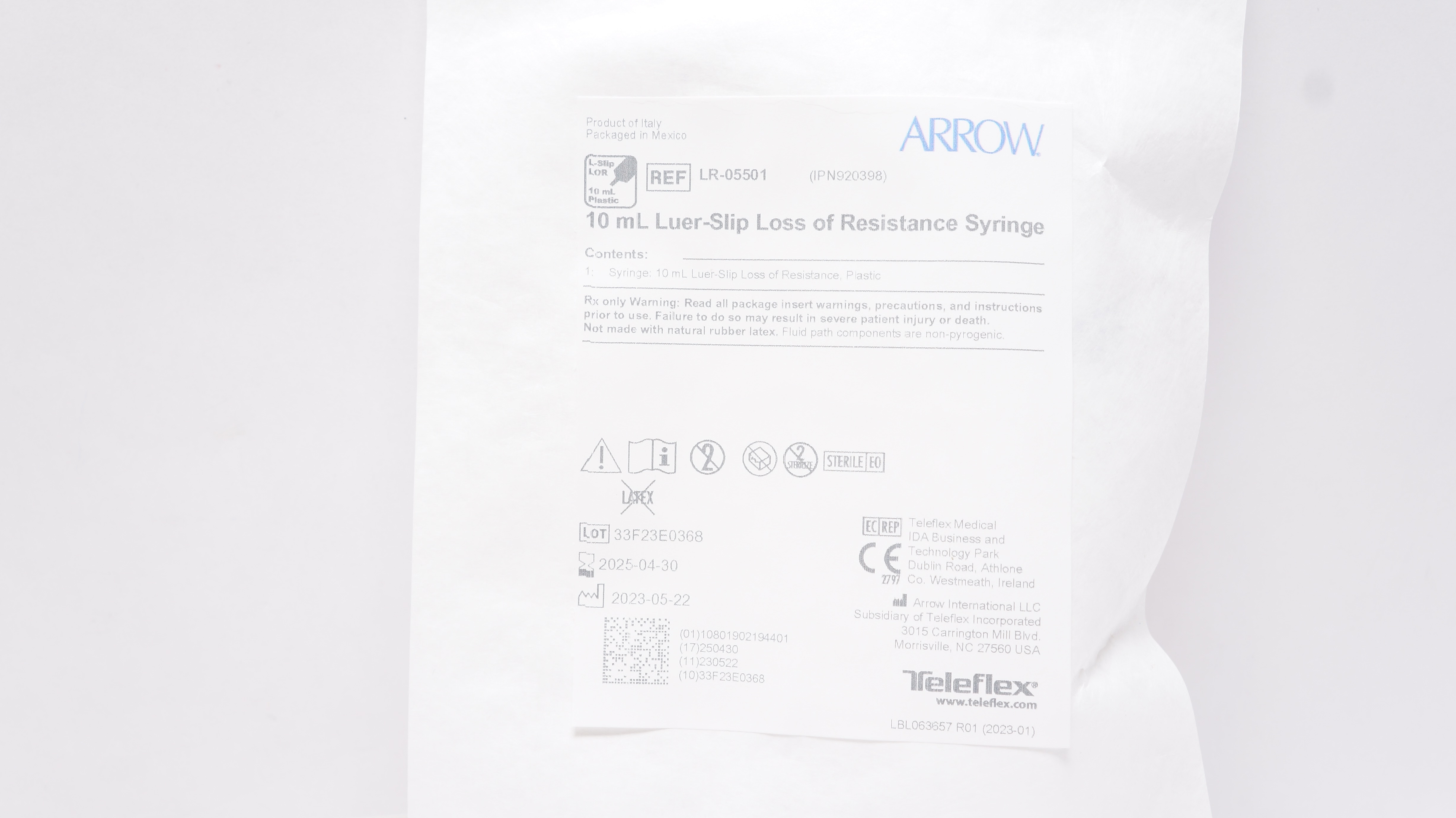 Arrow LR-05501 10mLLuer-Slip Loss of Resistance Syringe
