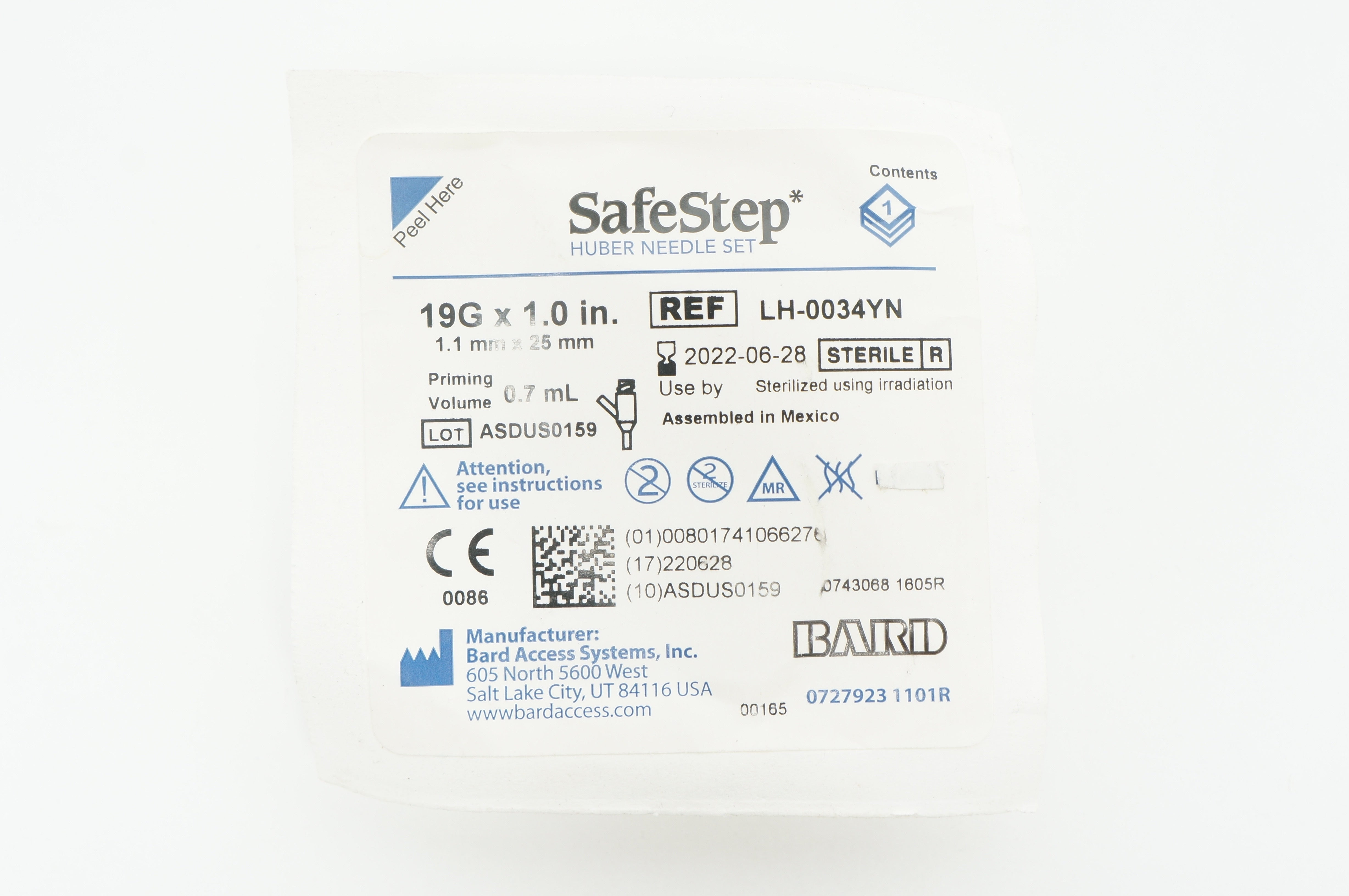 Bard LH-0034YN SafeStep Huber Ndle Set 19G x 1.0inch 0.7mL