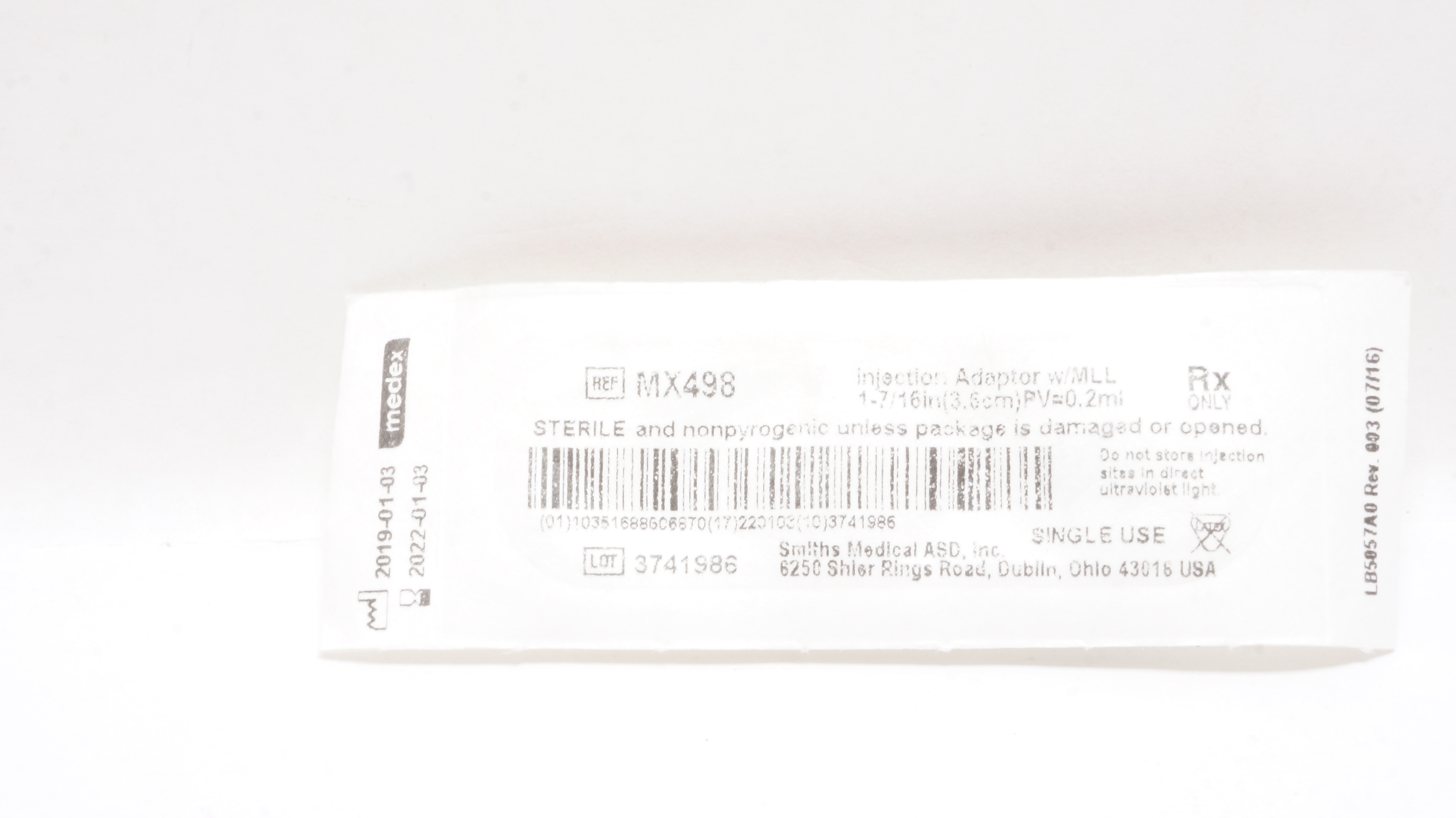 Smiths Medical MX498 Medex Injection Adaptor W/MLL 1-7/16In,PV=0.2