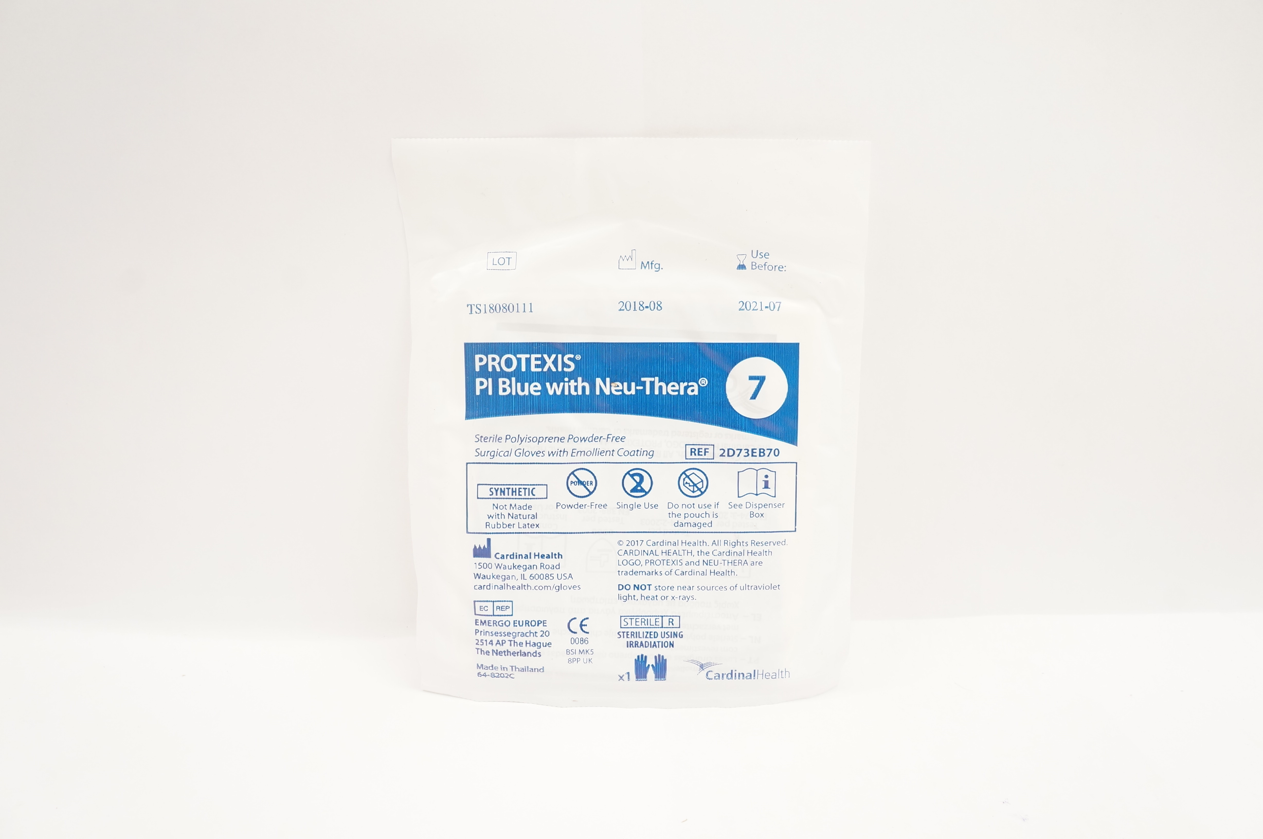 Cardinal Health 2D73EB70 PROTEXIS PI Blue Powder-Free Surgical Gloves Size 7(x)