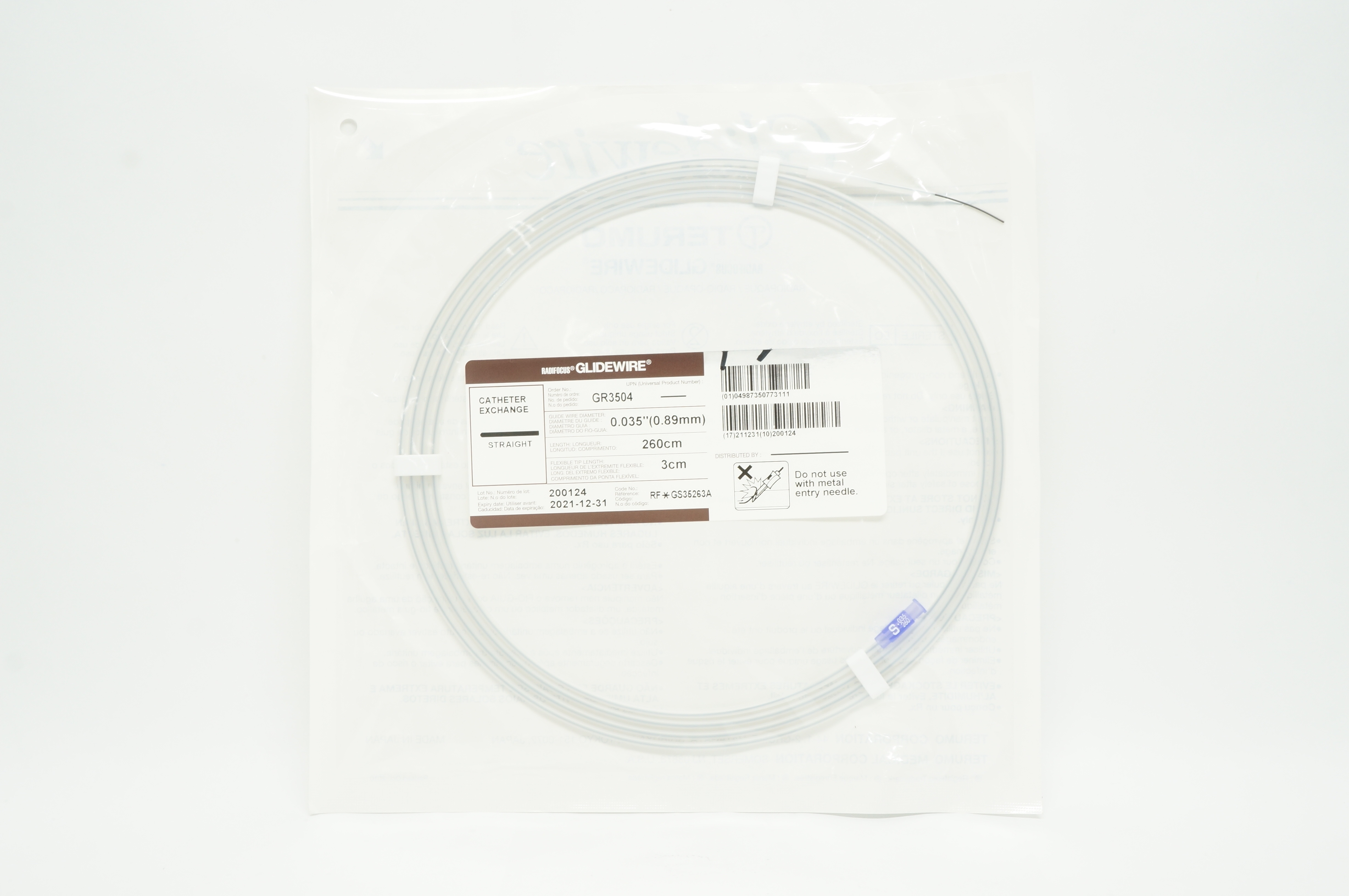 Terumo GR3504 Glidewire Straight 0.035inch x 260cm x 3cm