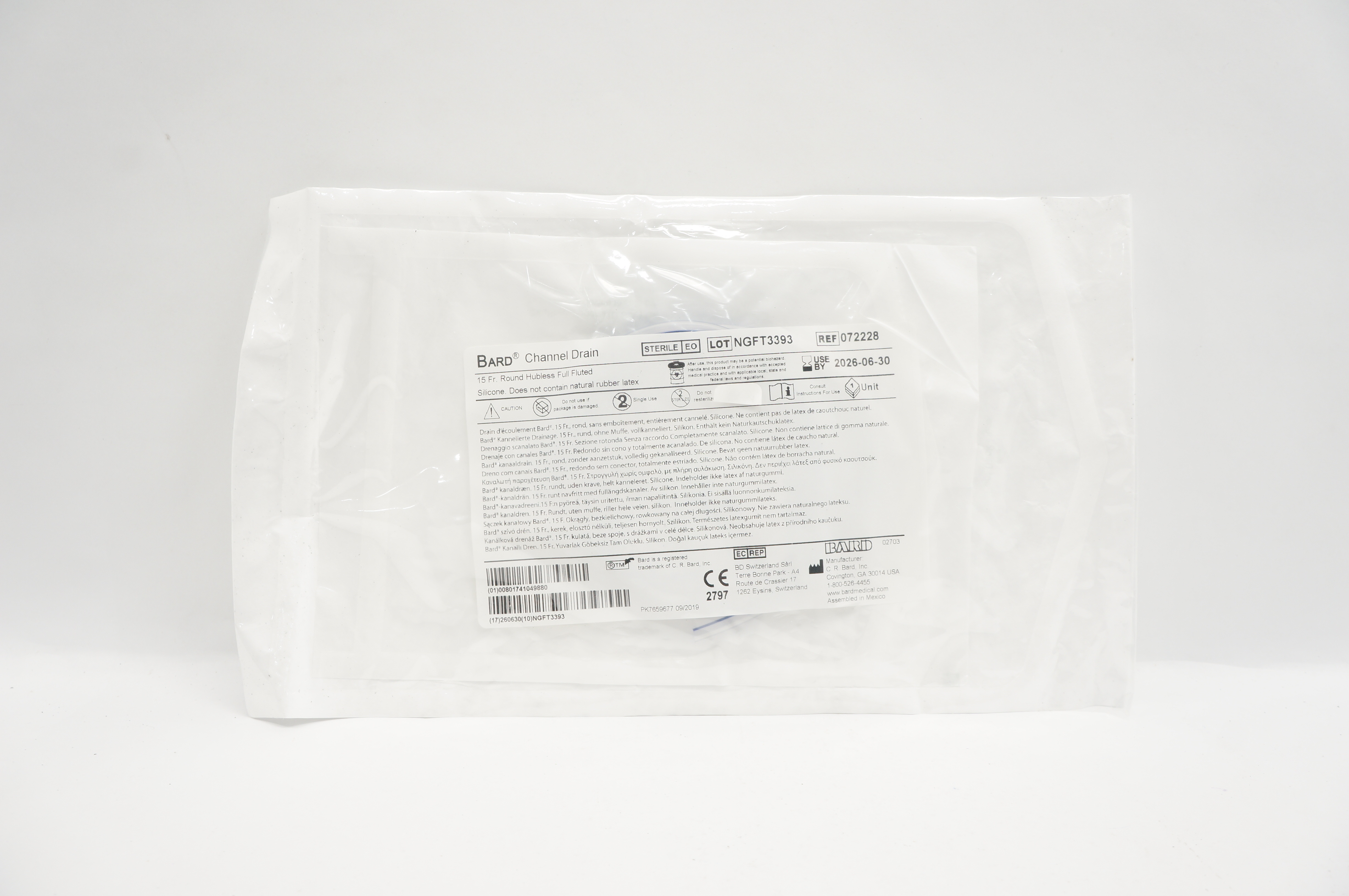 Bard 072228 Channel Drain Round Hubless Full Fluted Silicone 15Fr