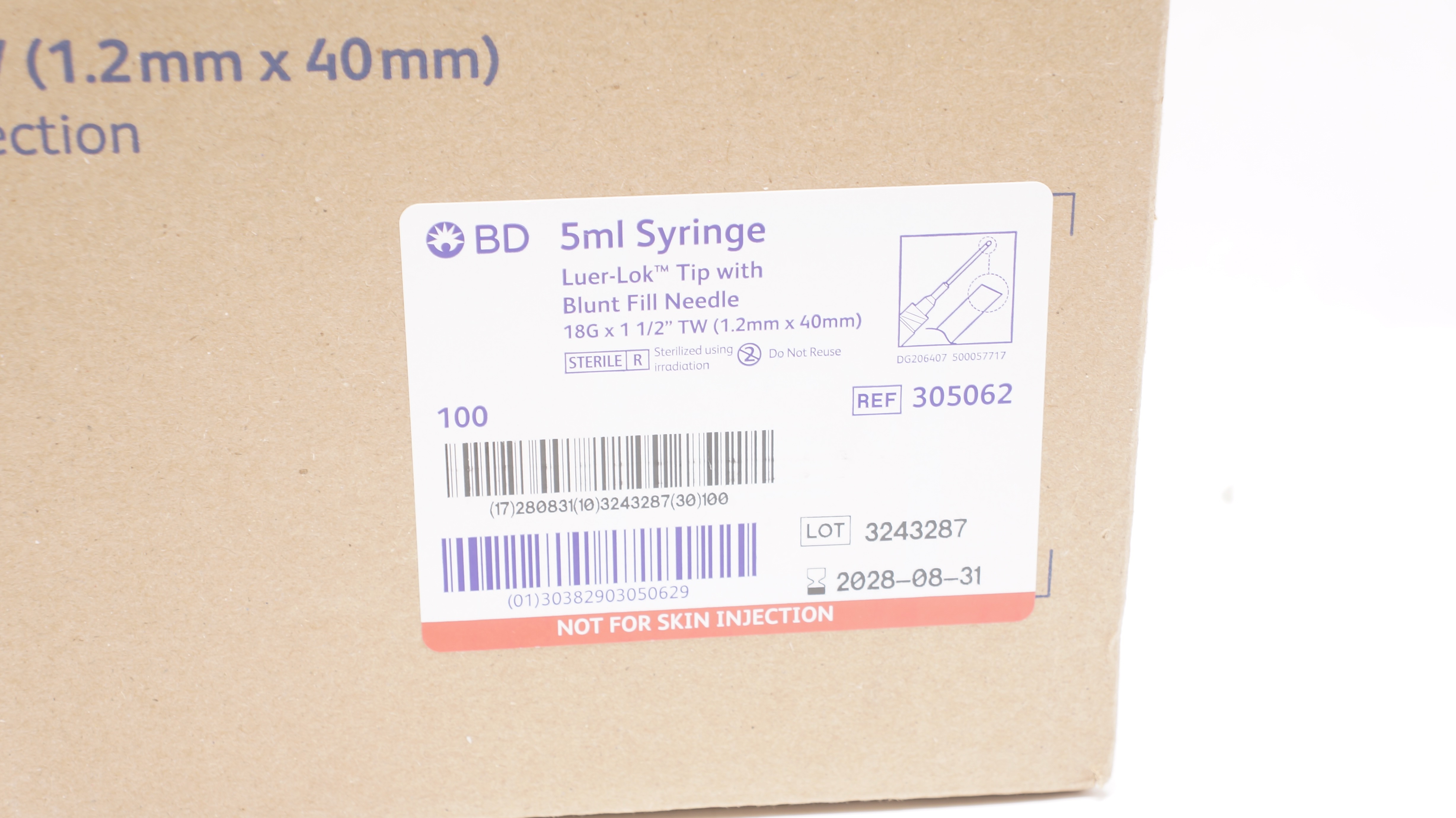 BD 305062 Luer-Lock Tip 5ml Syringe w/ Ndle 18G x 1-1/2inch - Case of 100