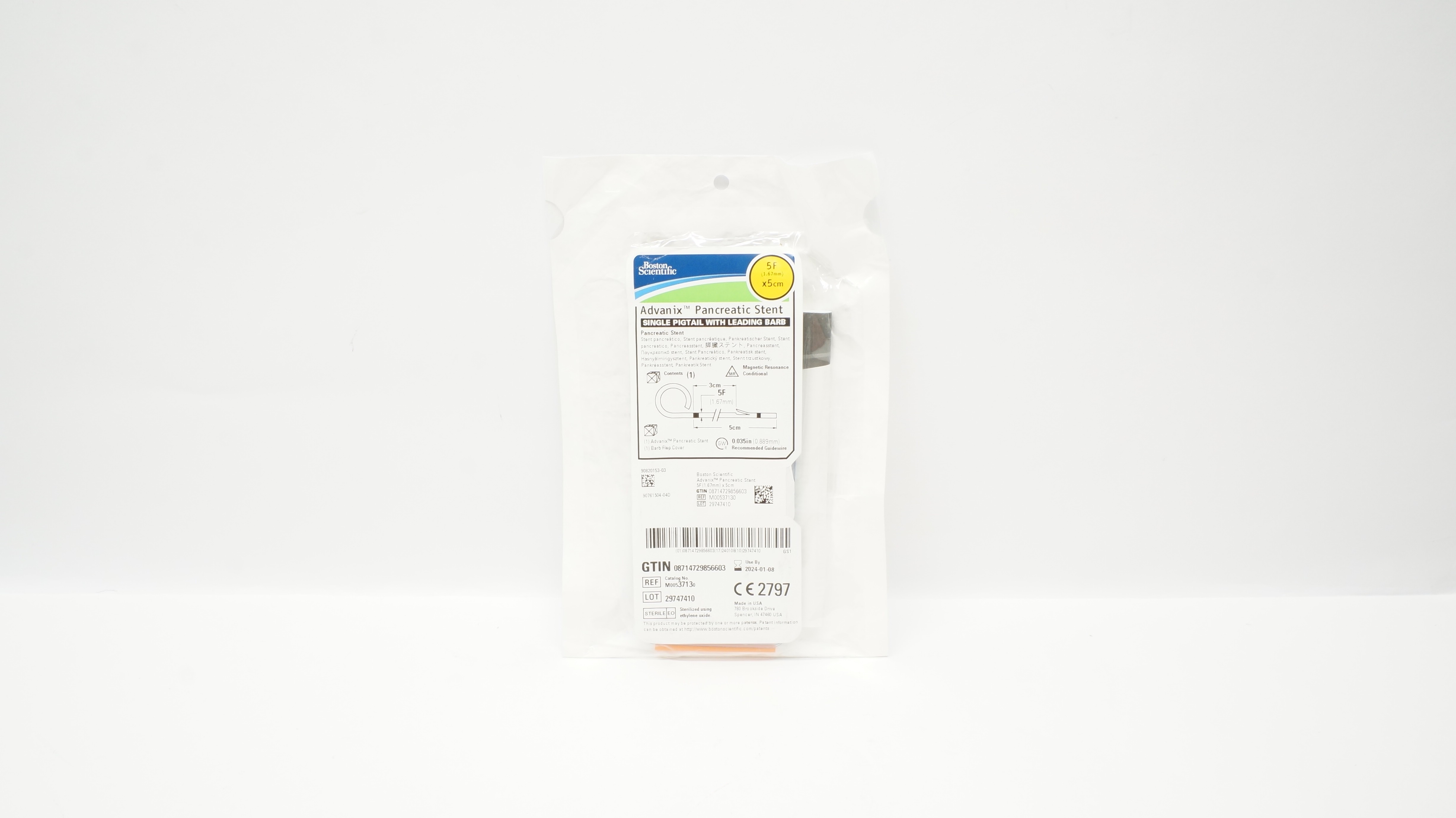 Boston Scientific M00537130 Advanix Pancreatic Stnt Single Pigtail 5F x 5cm (x)