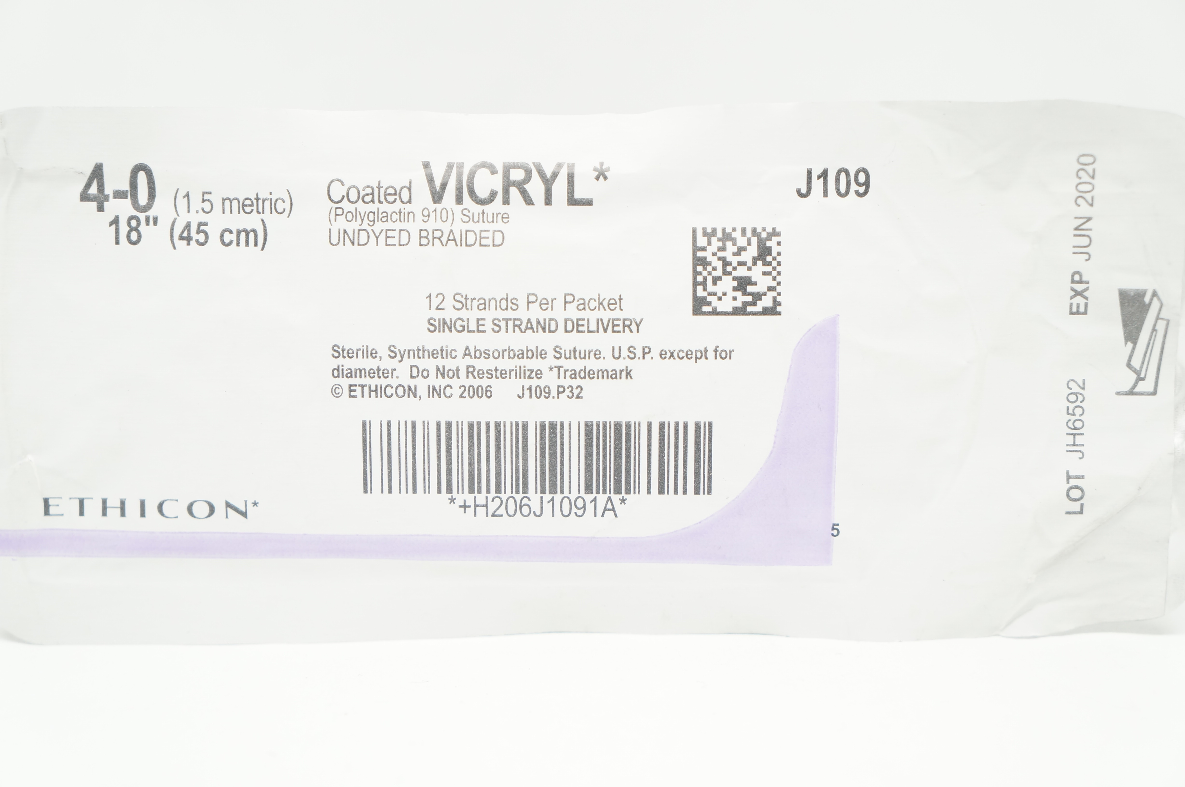 Ethicon J109 4-0 Coated VICRYL Polyglactin 910 Stre Undyed Braided, 18inch (x)