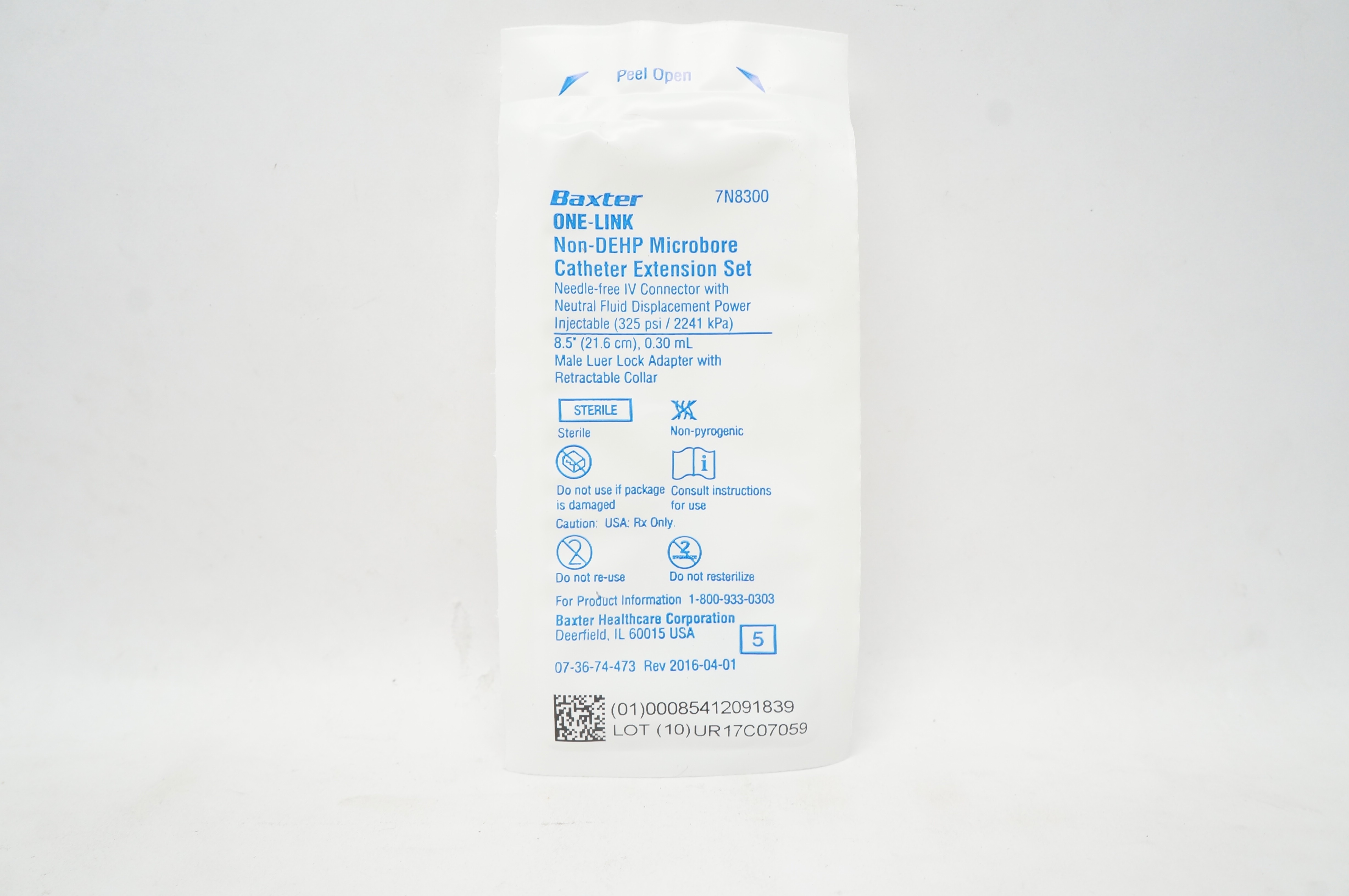 Baxter 7N8300 One-Link Non-DEHP Microbore Cath. Extension Set 8.5inch x 0.30mL