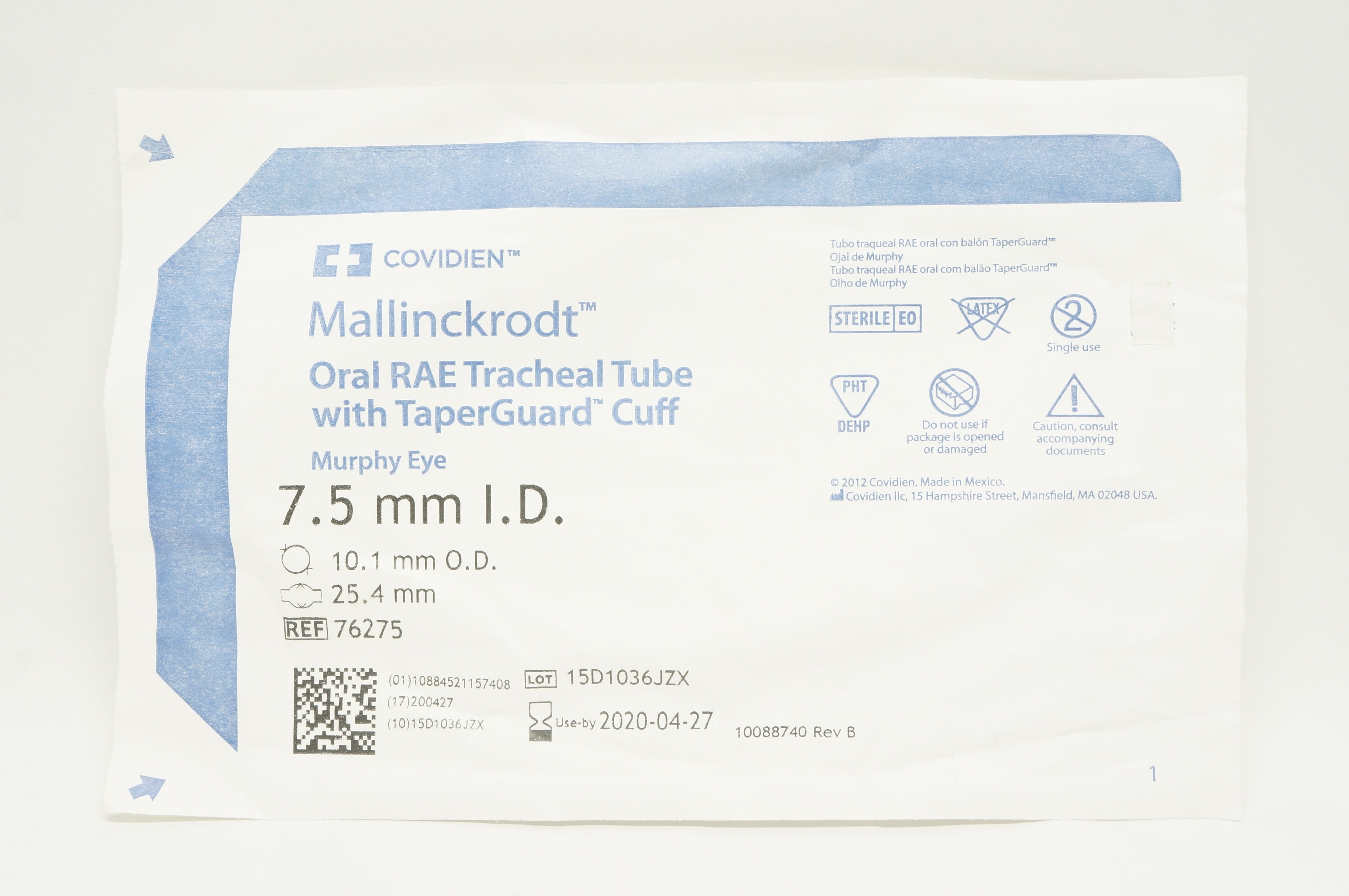 Covidien 76257 Mallinckrodt Oral RAE Tracheal Tube with Cuff 7.5 x 10