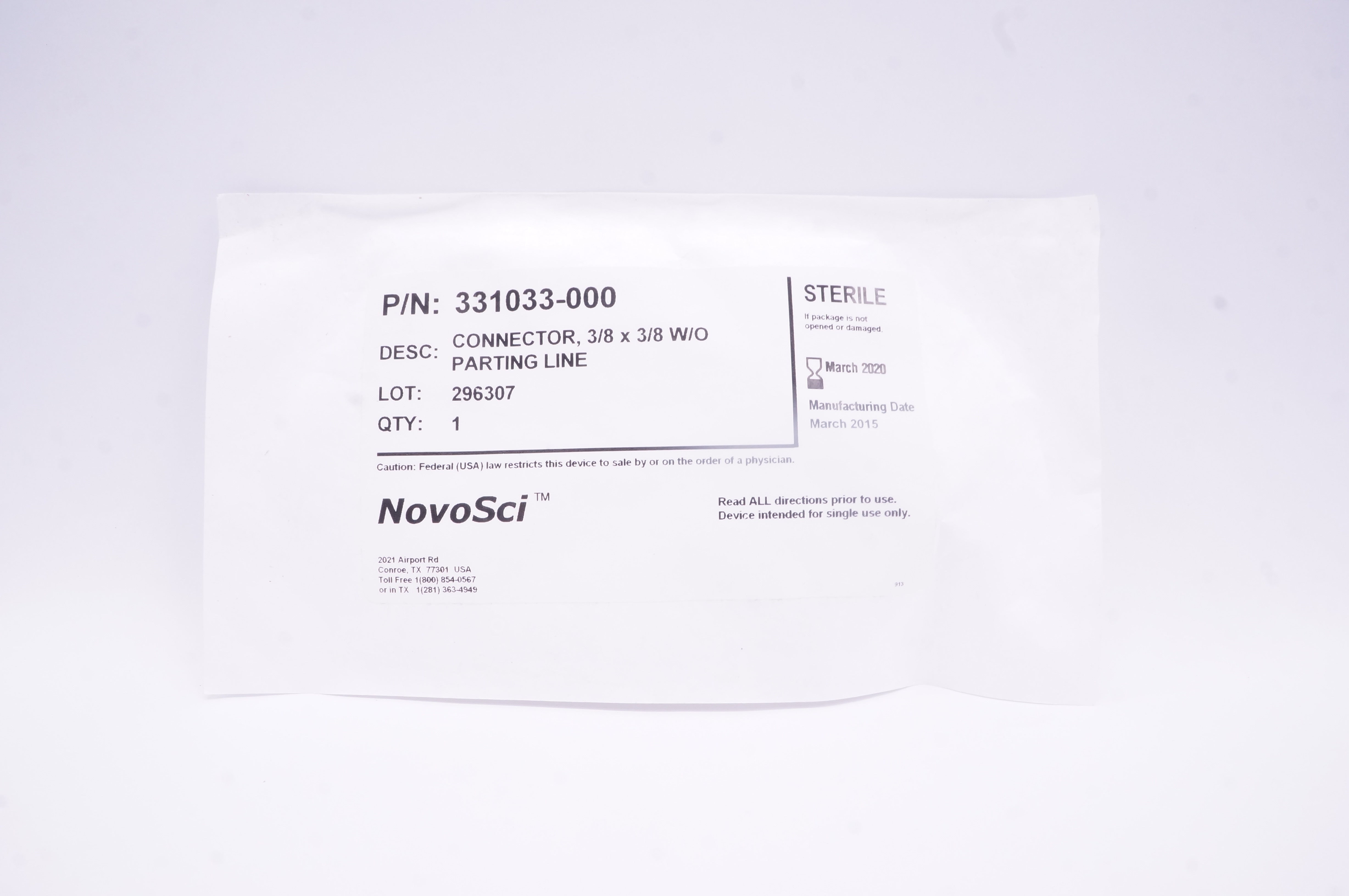 NovoSci 331033-000 Connector 3/8inch x 3/8inch (x)