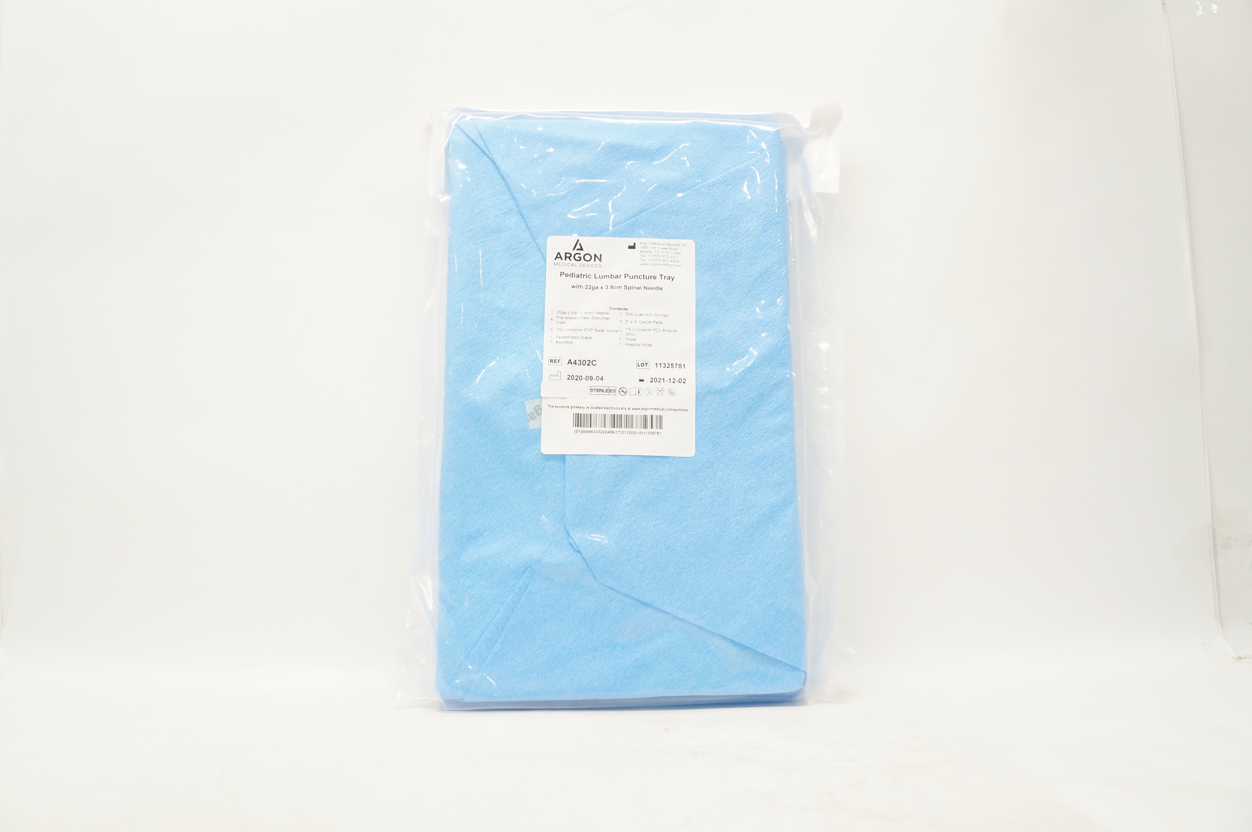 Argon A4302C Pediatric Lumbar Puncture Tray With 22 Ga x 38 cm Spinal Ndle.