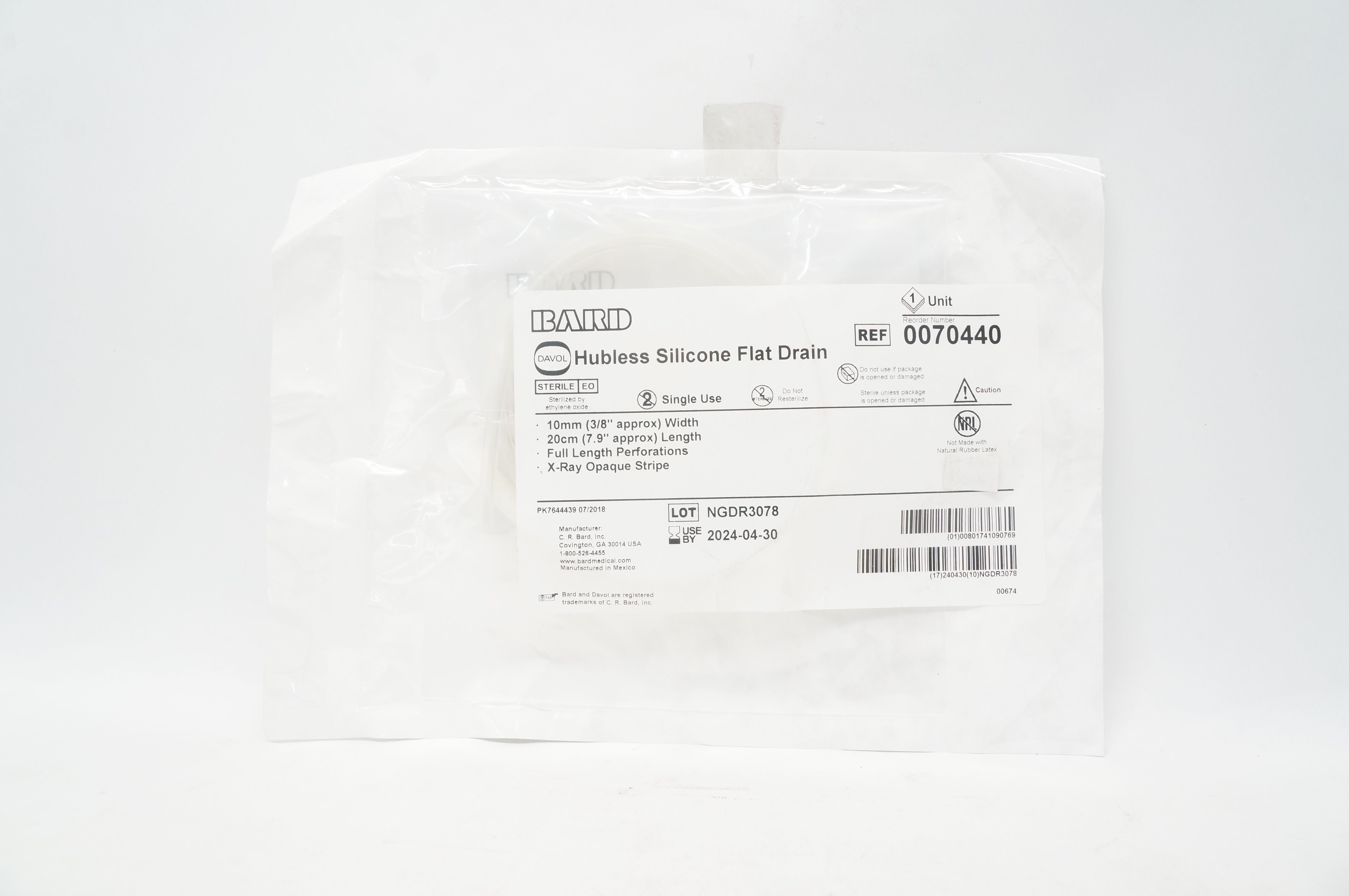 Bard 0070440 Davol Hubless Silicone Flat Drain 3/8 inch x 7.9 inch (Approx.)