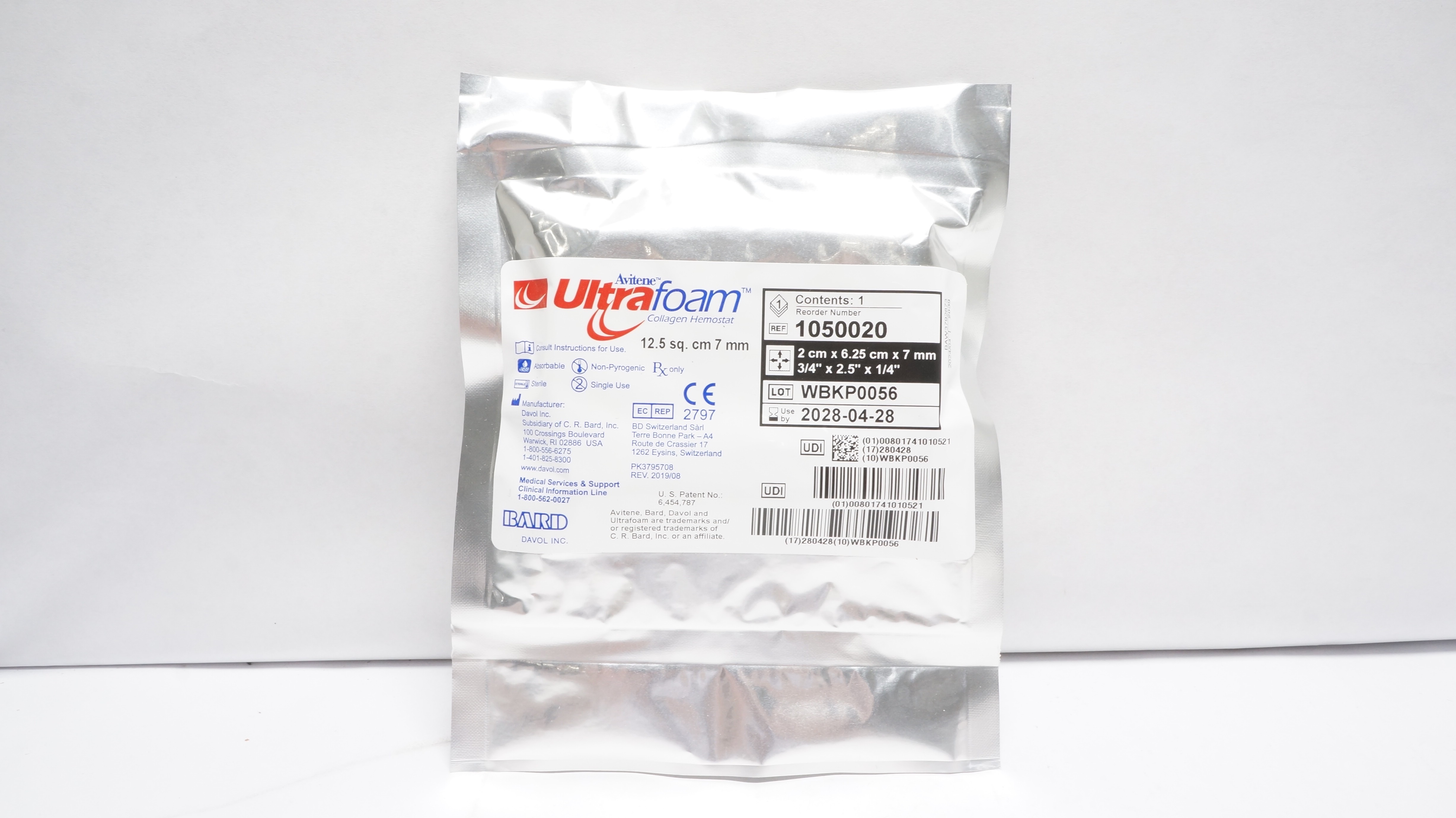 Davol 1050020 Avitene Ultrafoam Collagen Hemostat 3/4 x 2.5 x 1/4inch