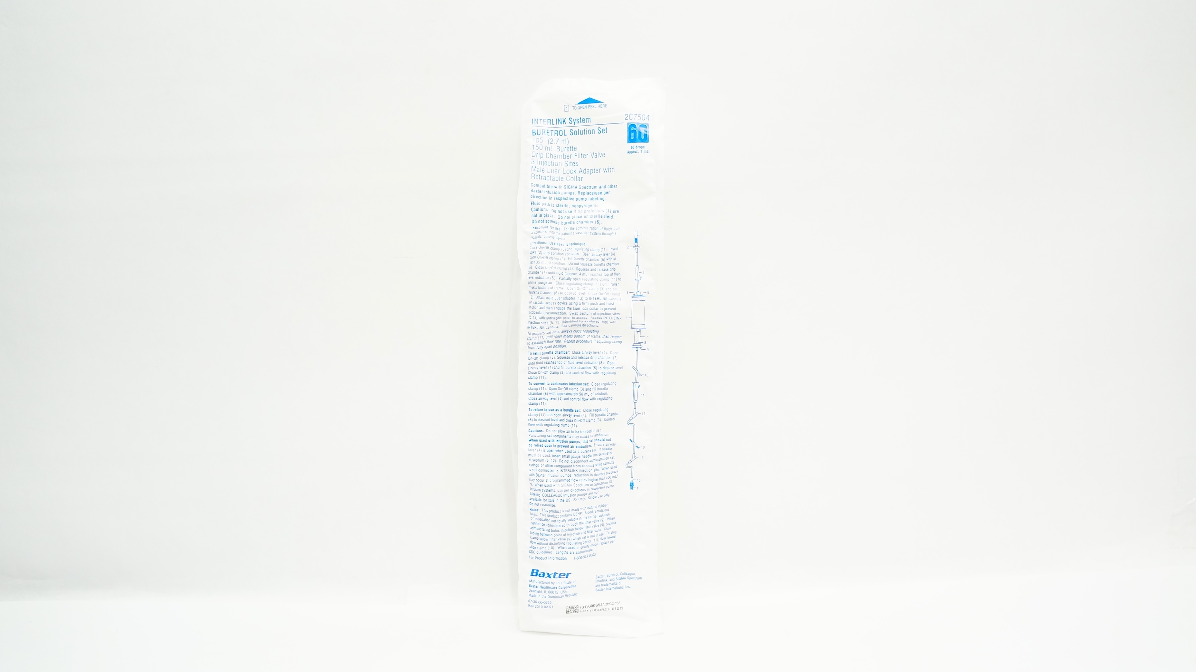 Baxter 2C7564 Interlink System Buretrol Solution Set 105inch x 150mL 60 drops/ml