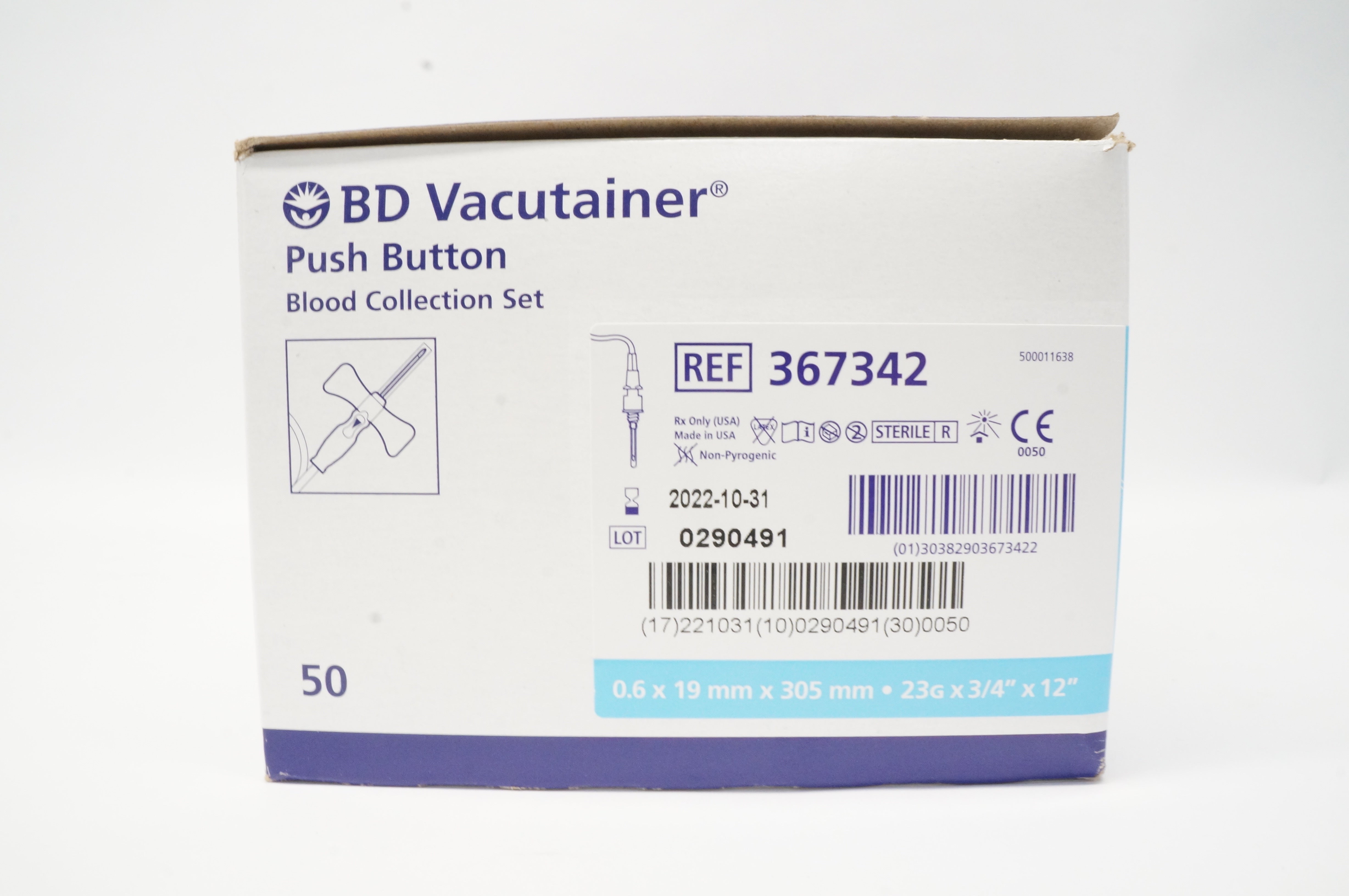 BD 367342 Vacutainer Push Button Blood Collection Set 23Gx3/4x12inch - Box of 38