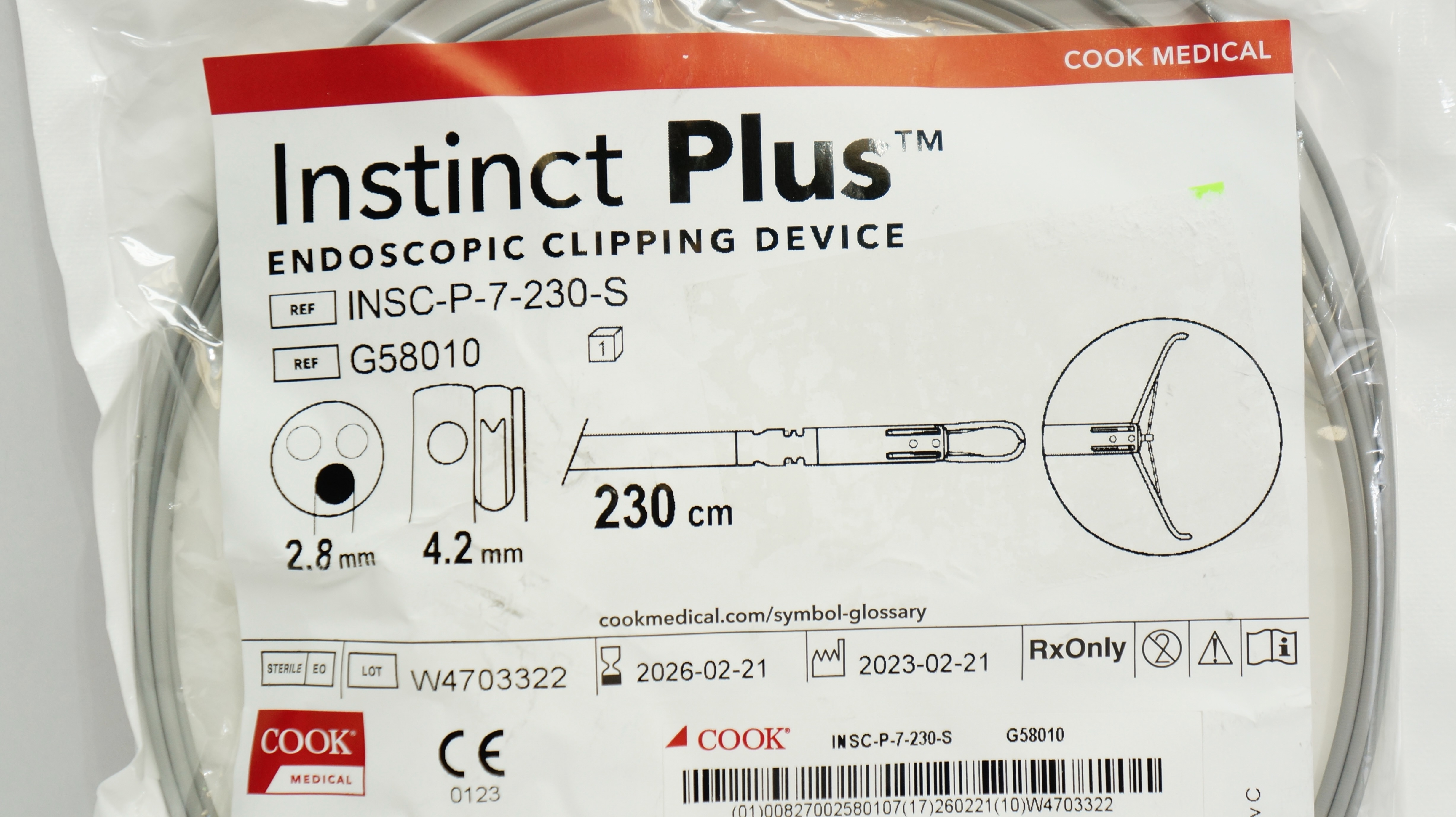 Cook Medical G58010 Instinct Plus Endoscopic Clipping Device 230cm x 2.