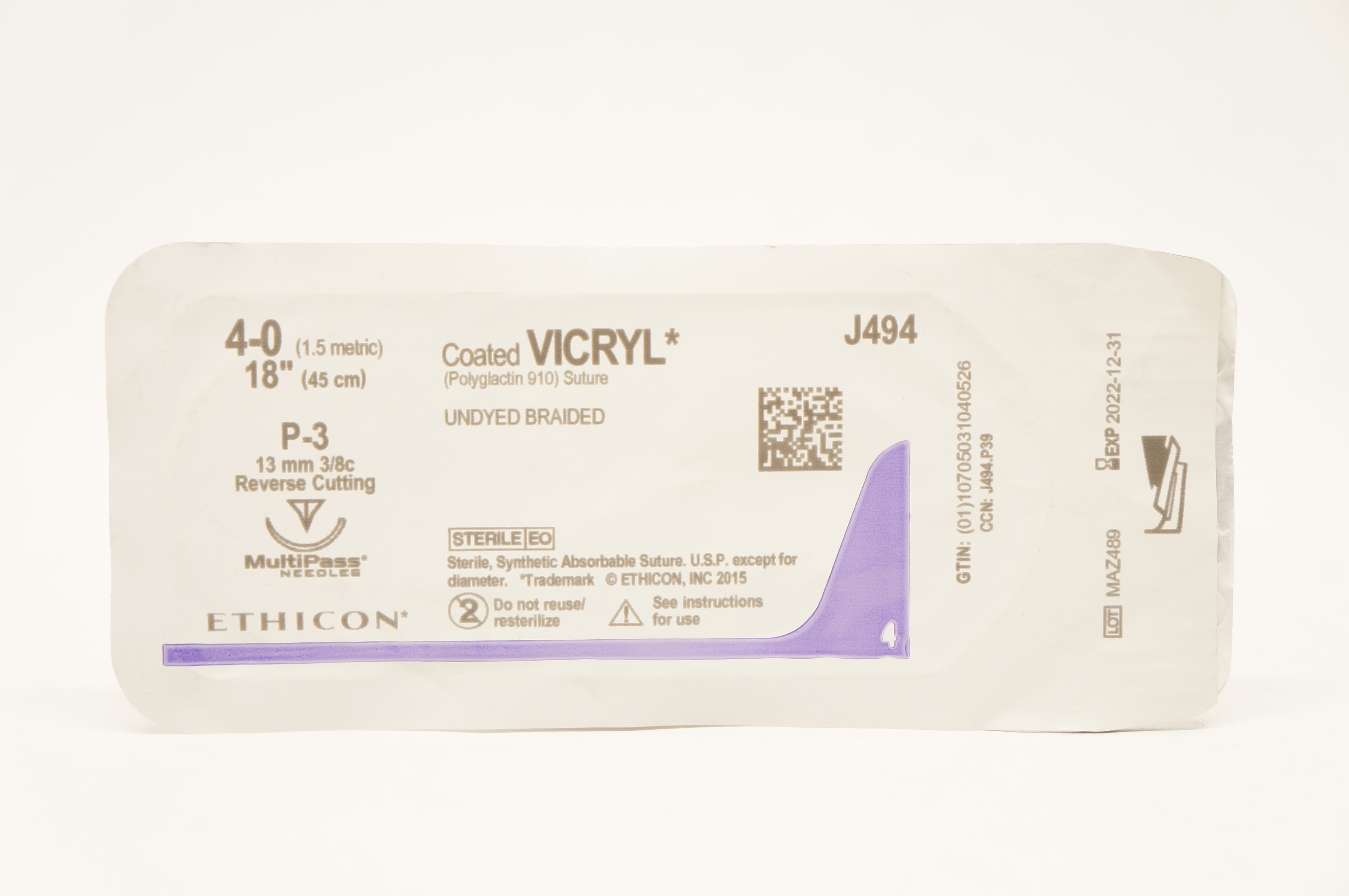 Ethicon J494 4-0 Coated Vicryl Stre P-3 13mm 3/8c Reverse Cutting, 18inch