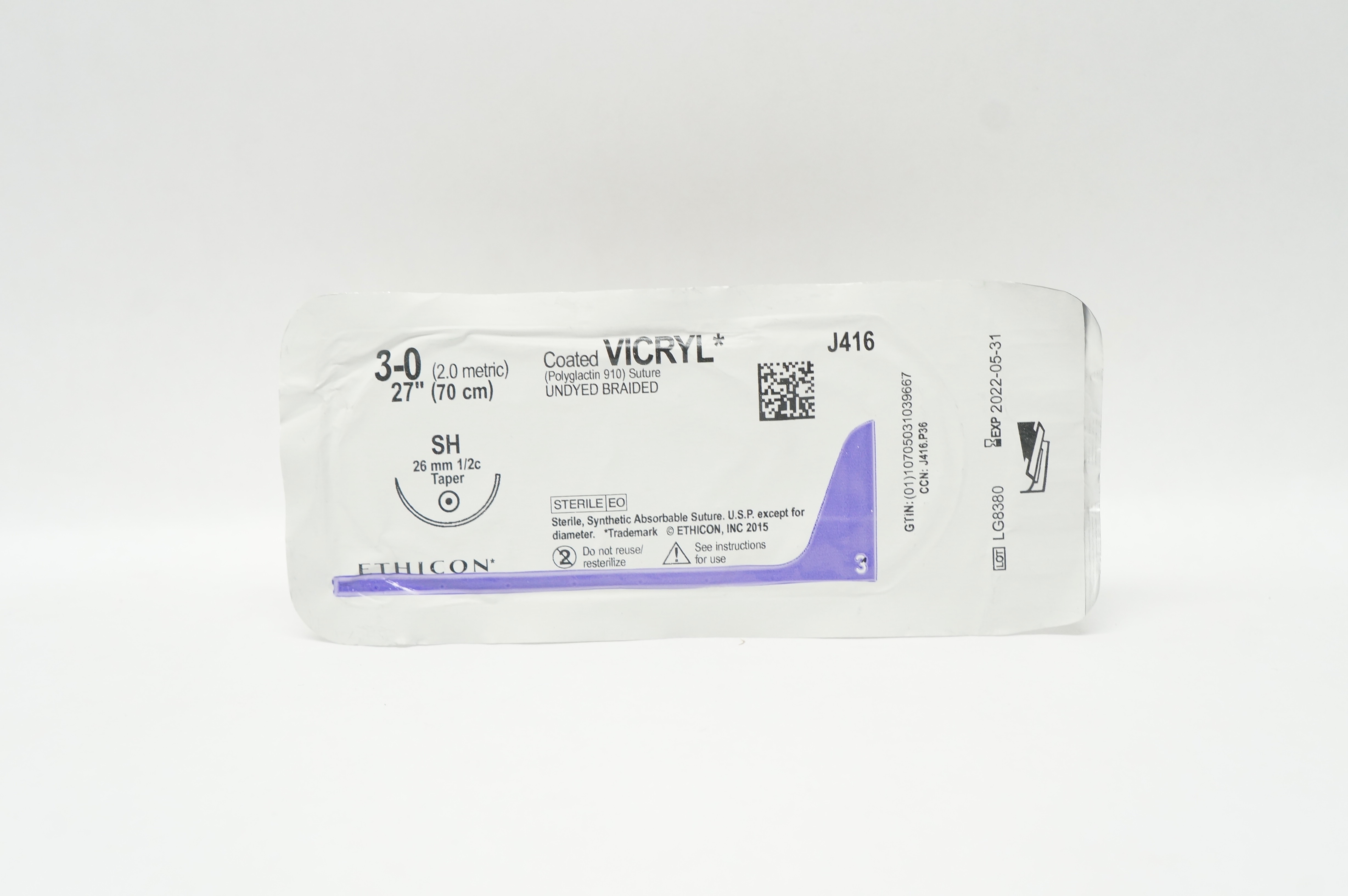 Ethicon J416 3-0 VICRYL, SH, 26mm 1/2c Taper, 27inch (x)