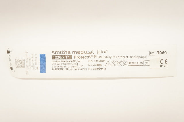 Smiths Medical 3060 Jelco Safety IV Cath. Radiopaque 22G x 1inch