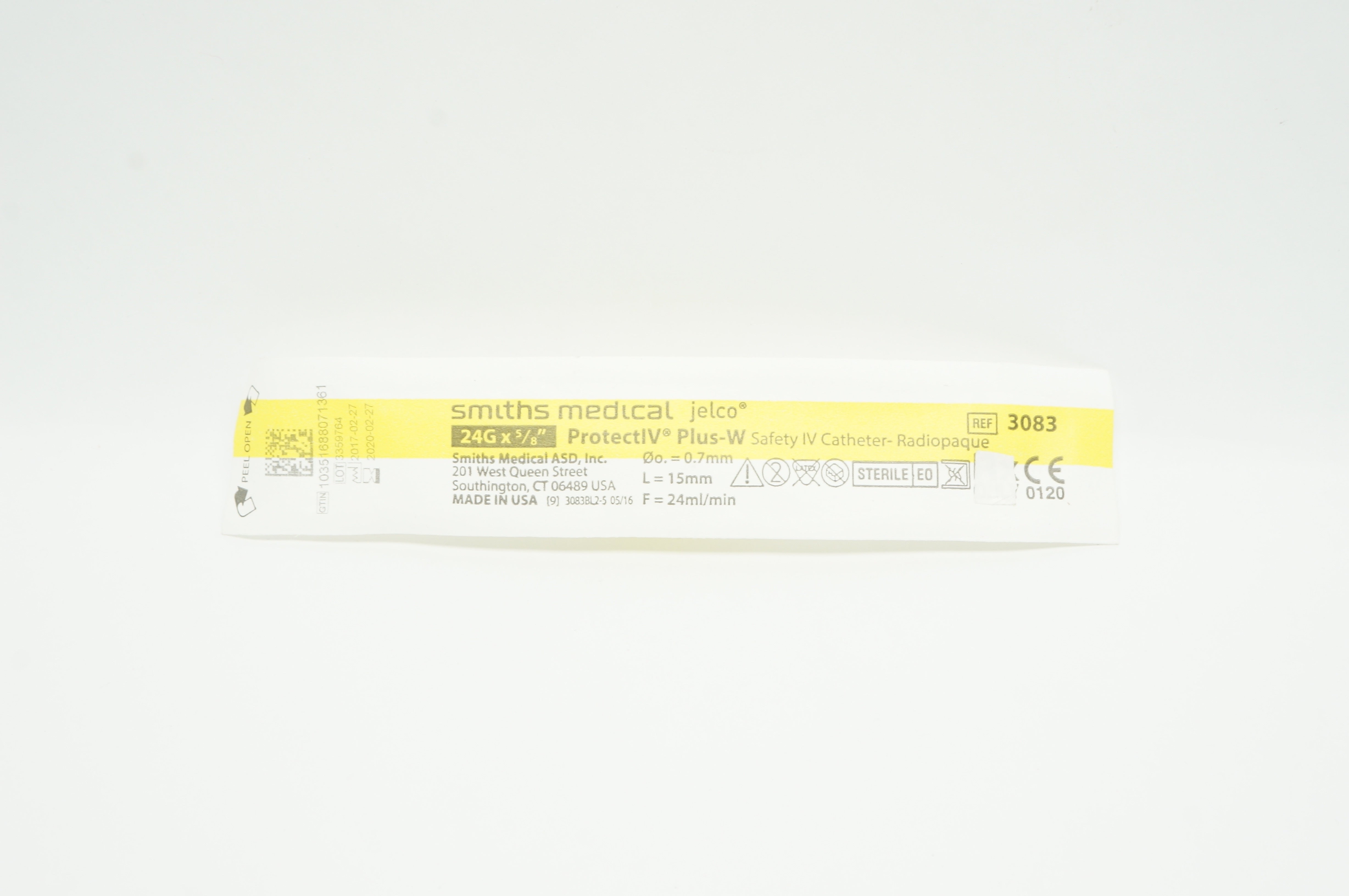 Smiths Medical 3083 Protect IV Plus-W Safety IV Cath. Radiopaque 24G x ...