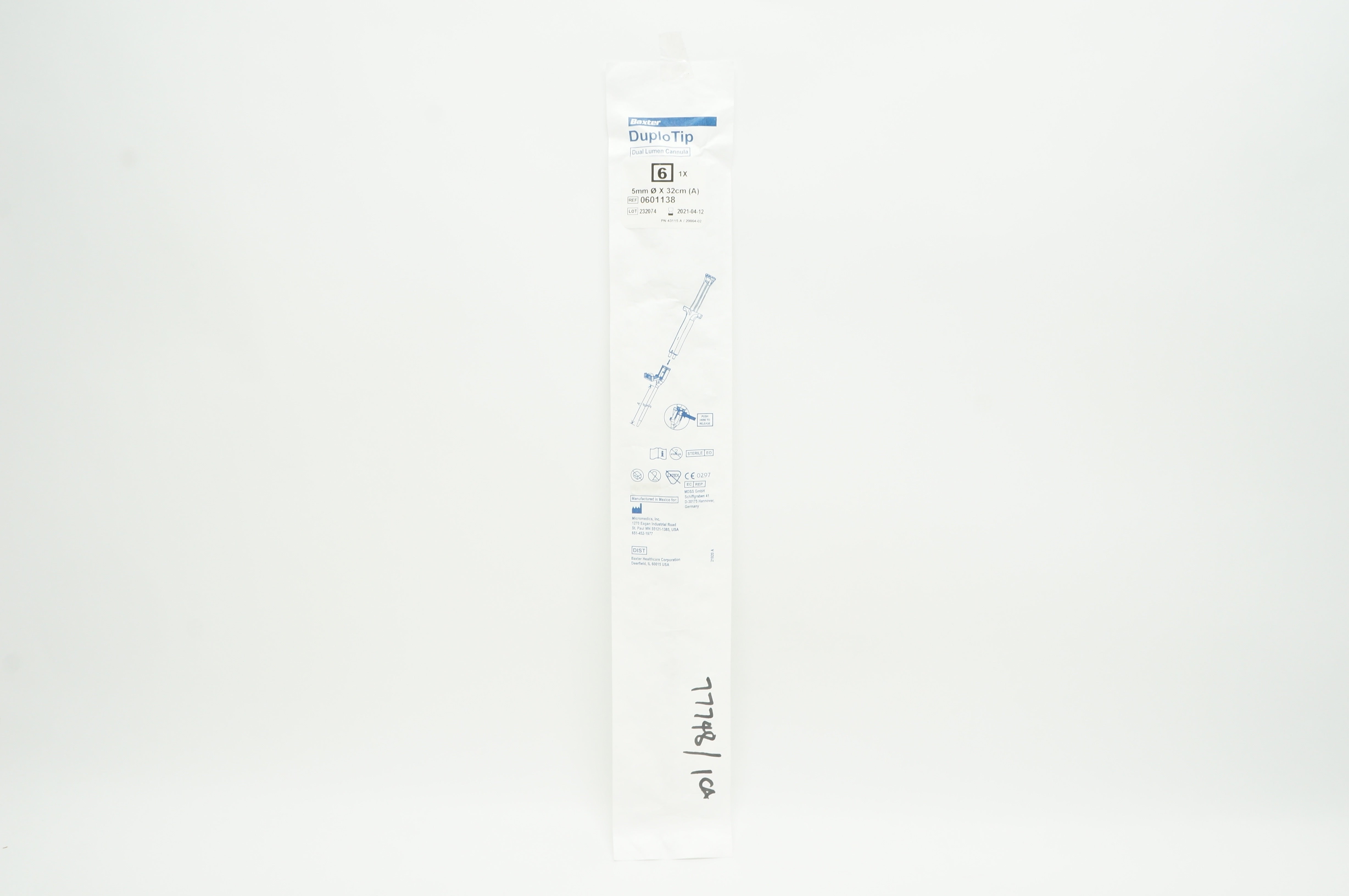 Micromedics 0601138 BaxterDuploTip Dual Lumen Cannula 6, 5mm x 32cm