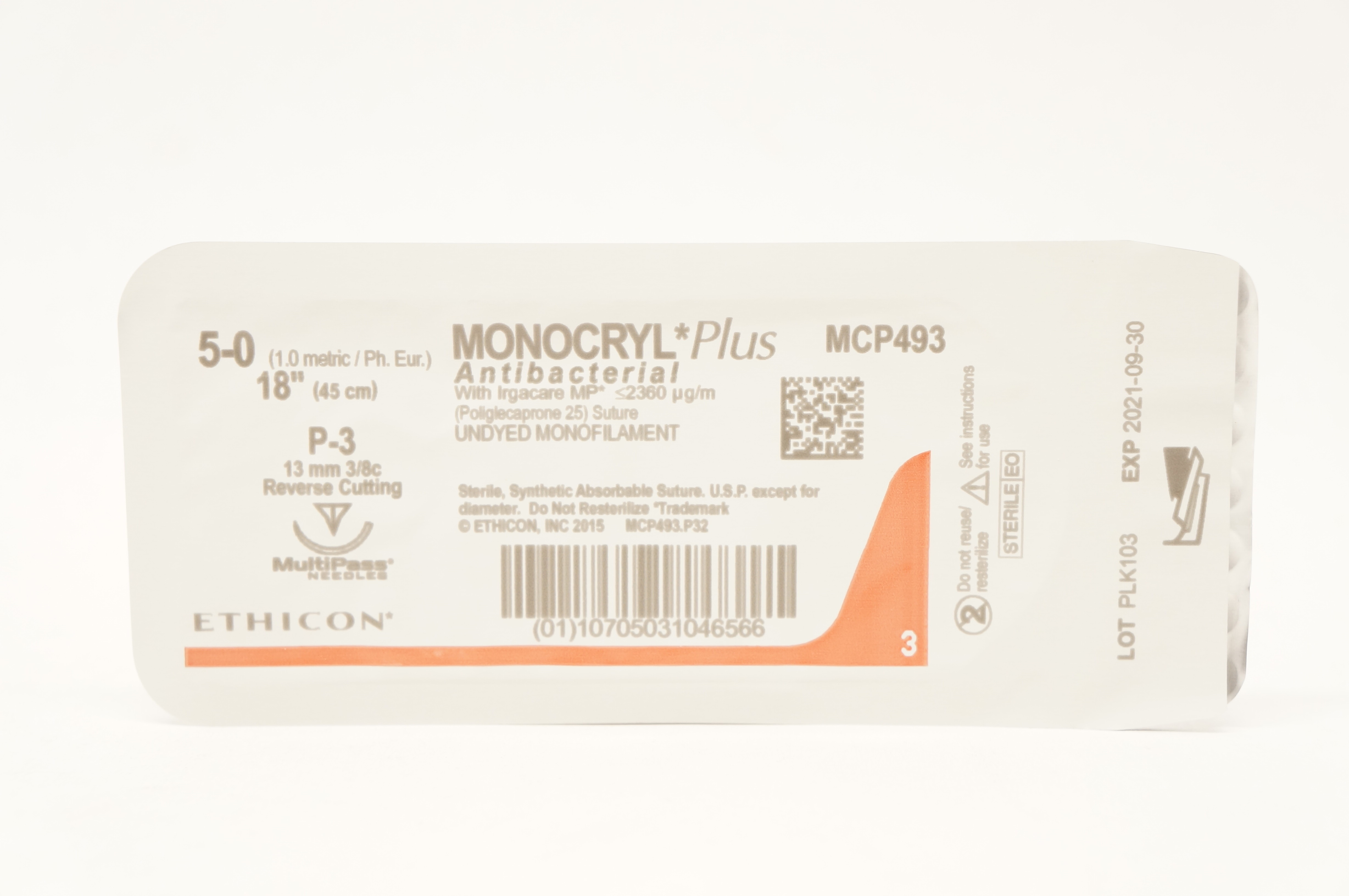 Ethicon MCP493 5-0 MONOCRYL Plus Stre P-3 13mm 3/8c Reverse Cutting 18inch (x)