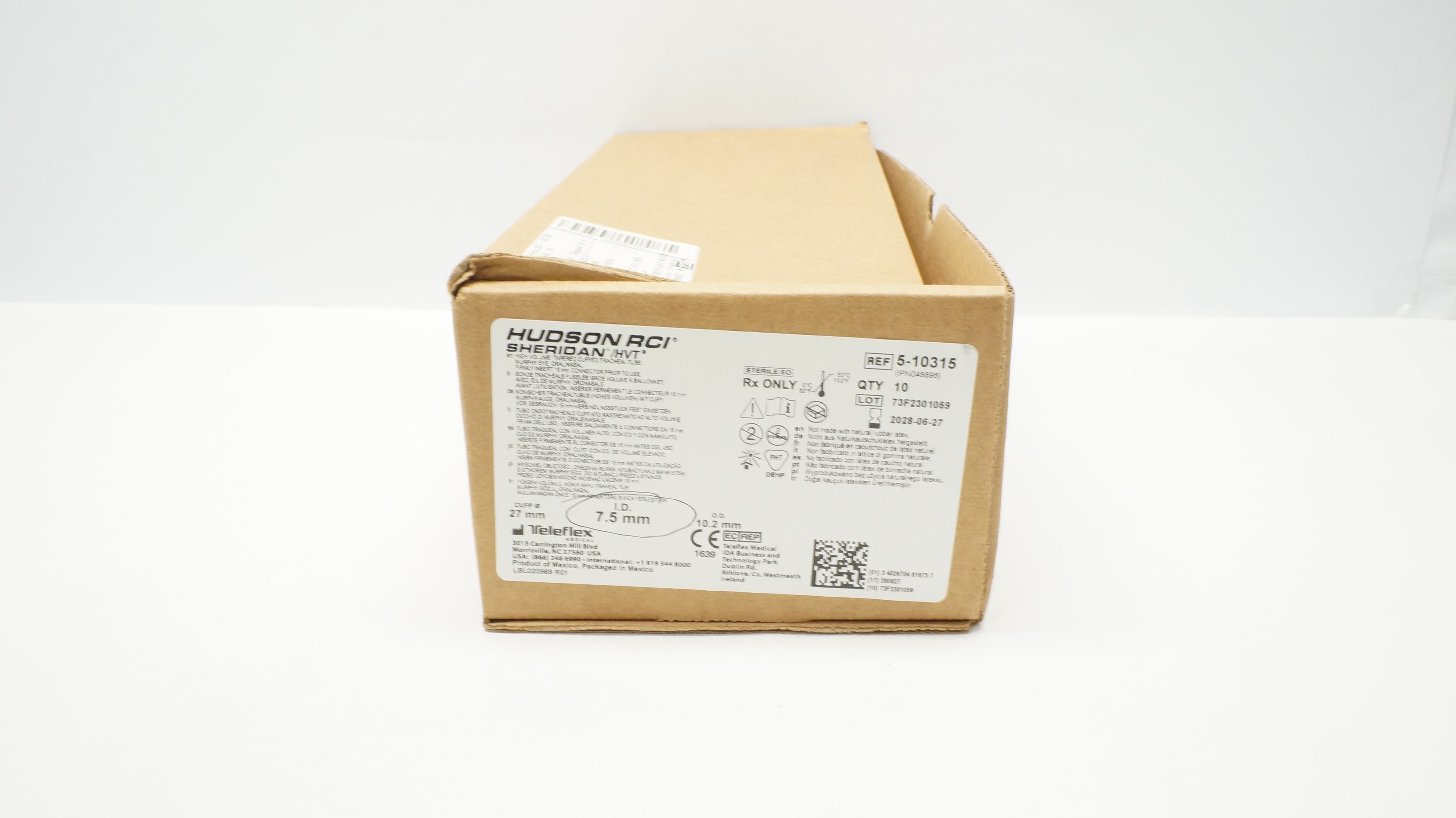 Teleflex 5-10315 Hudson RCI Sheridan HVT Tracheal Tube 7.5 x 10.2mm - Box of 5