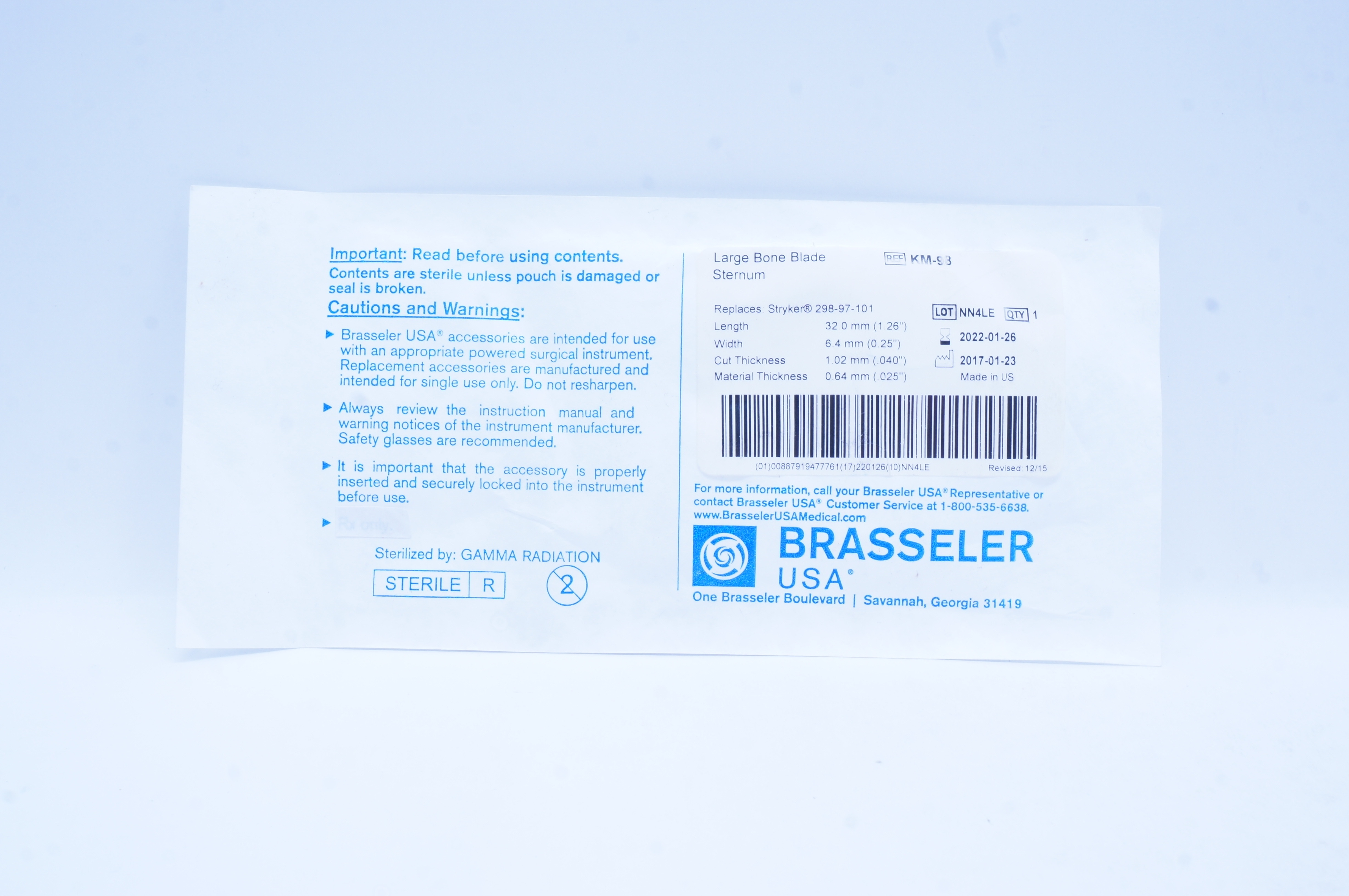 Brasseler KM-98 Large Bone Blade Sternum 32.0 x 6.4 x 1.02 x 0.64mm