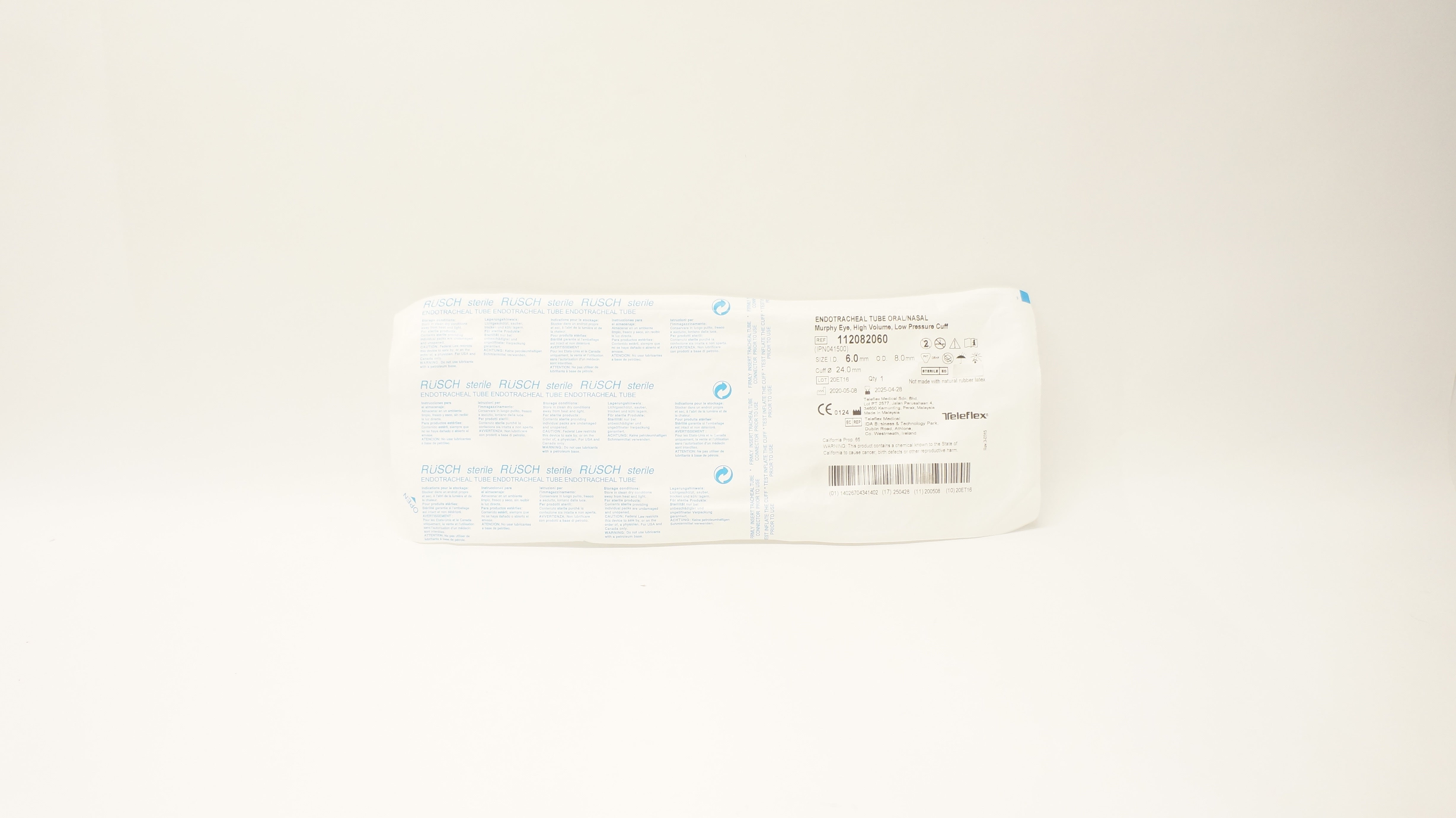 Teleflex 112082060 Endotracheal Tube Oral/Nasal 6.0mm x 8.0mm x 24.0mm