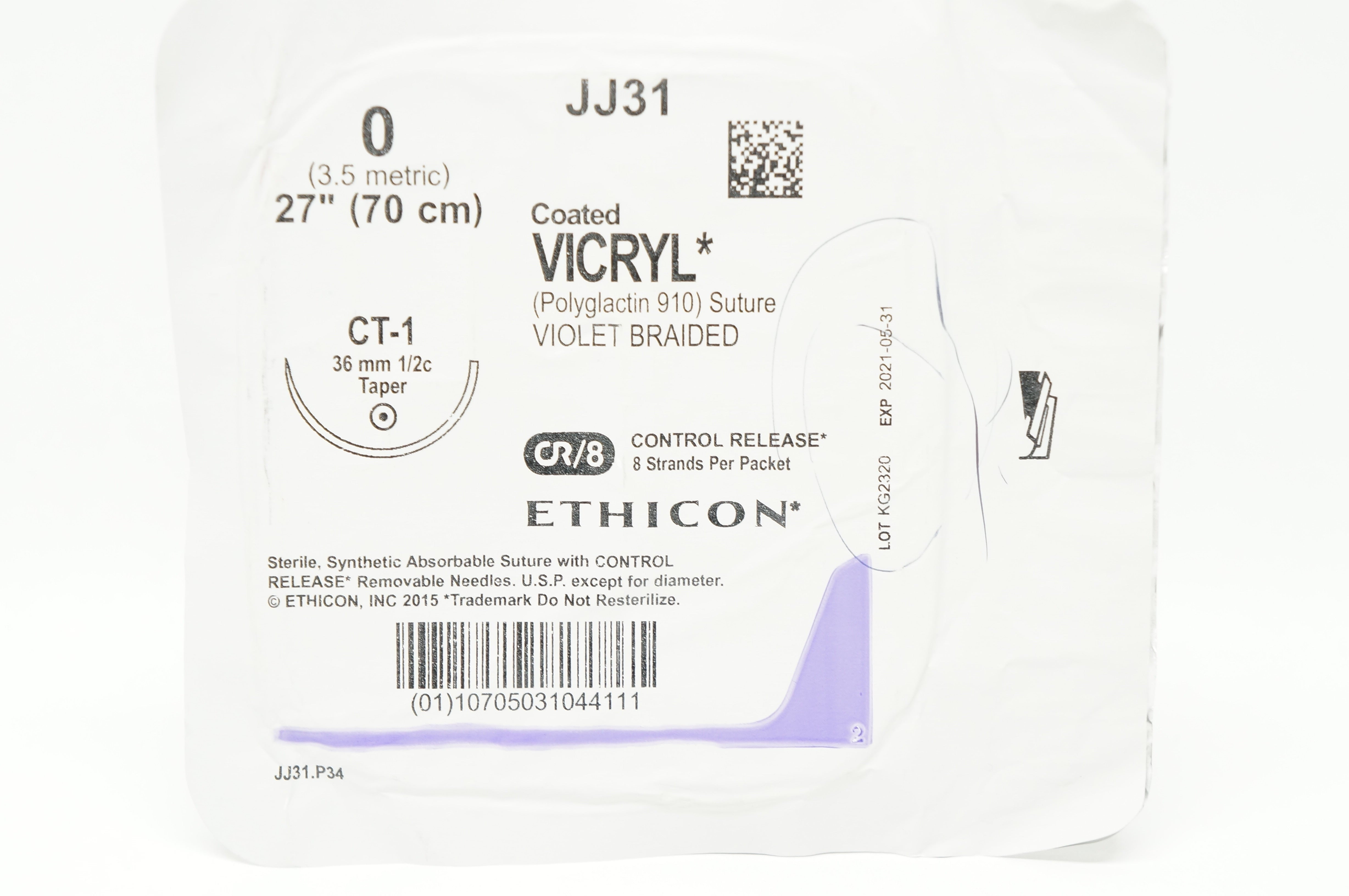 Ethicon JJ31 0 Coated Vicryl  Stre Violet Braided CT-1 36mm 1/2c Taper 27in. (x)