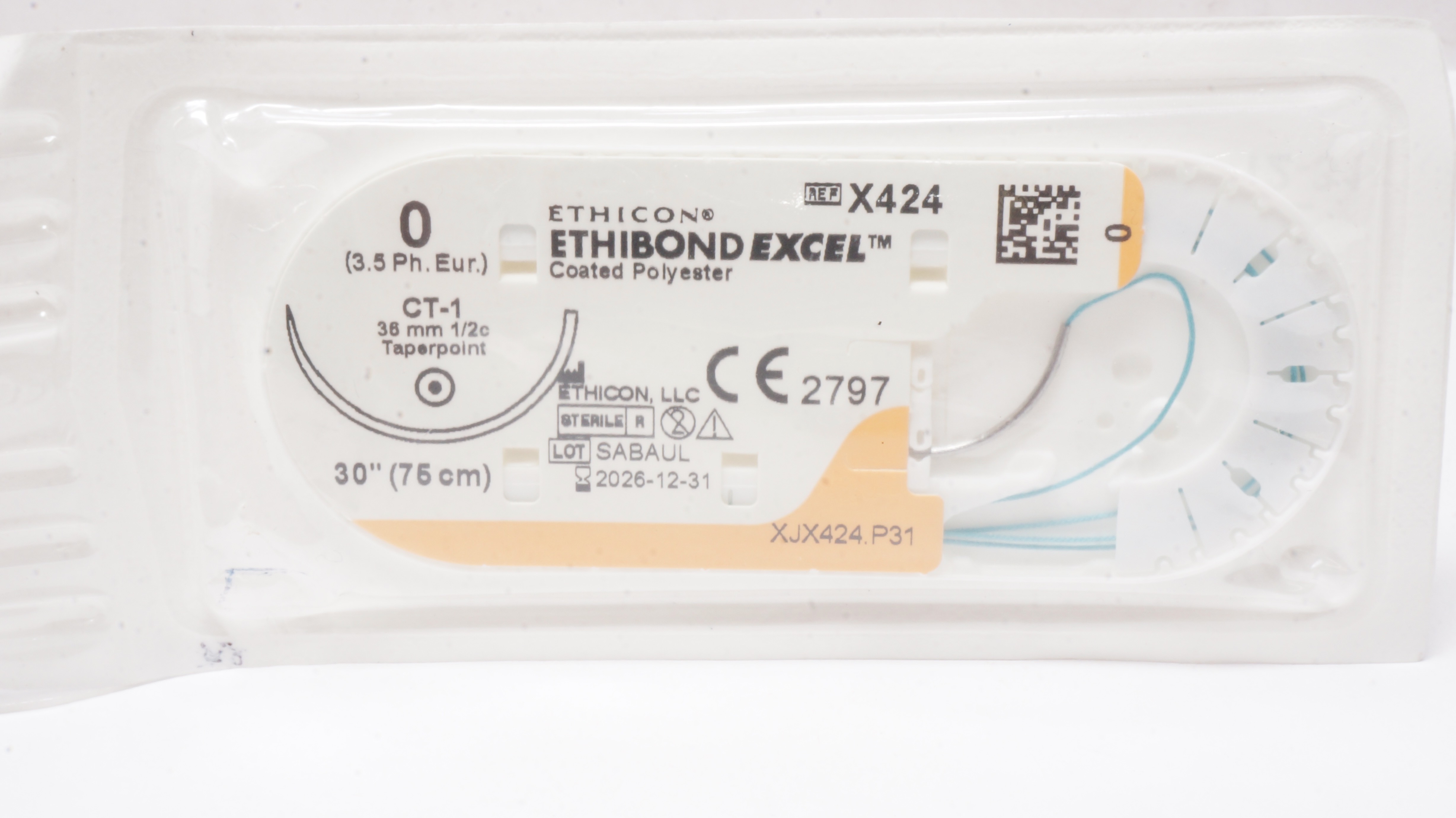 Ethicon X424 0 ETHIBOND EXCEL Coated Polyester, CT-1, 36mm 1/2c Taper, 30inch
