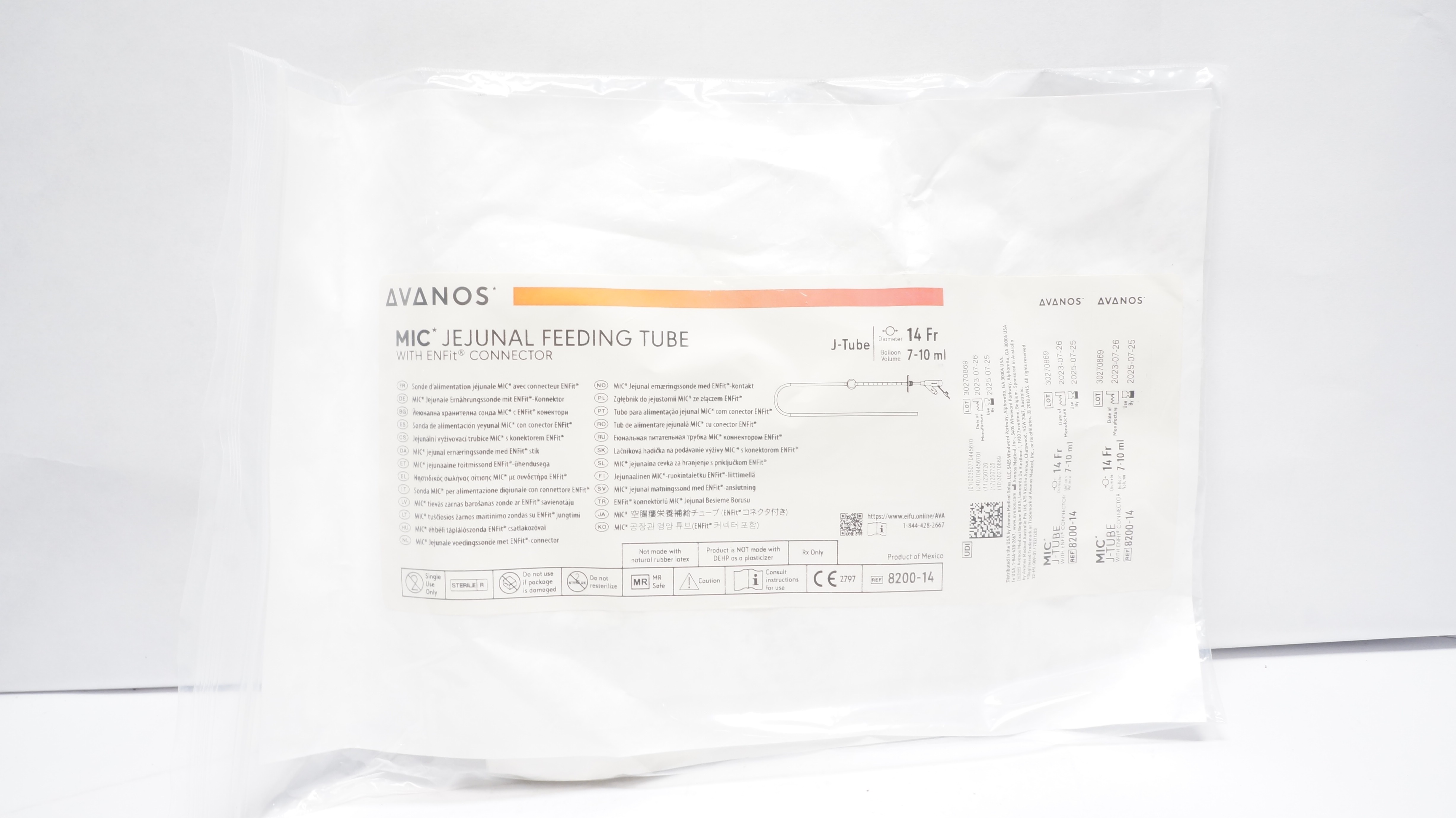 Avanos 8200-14 MIC Jejunal Feeding Tube w/Enfit Connector, 14Fr, 7-10mL (x)