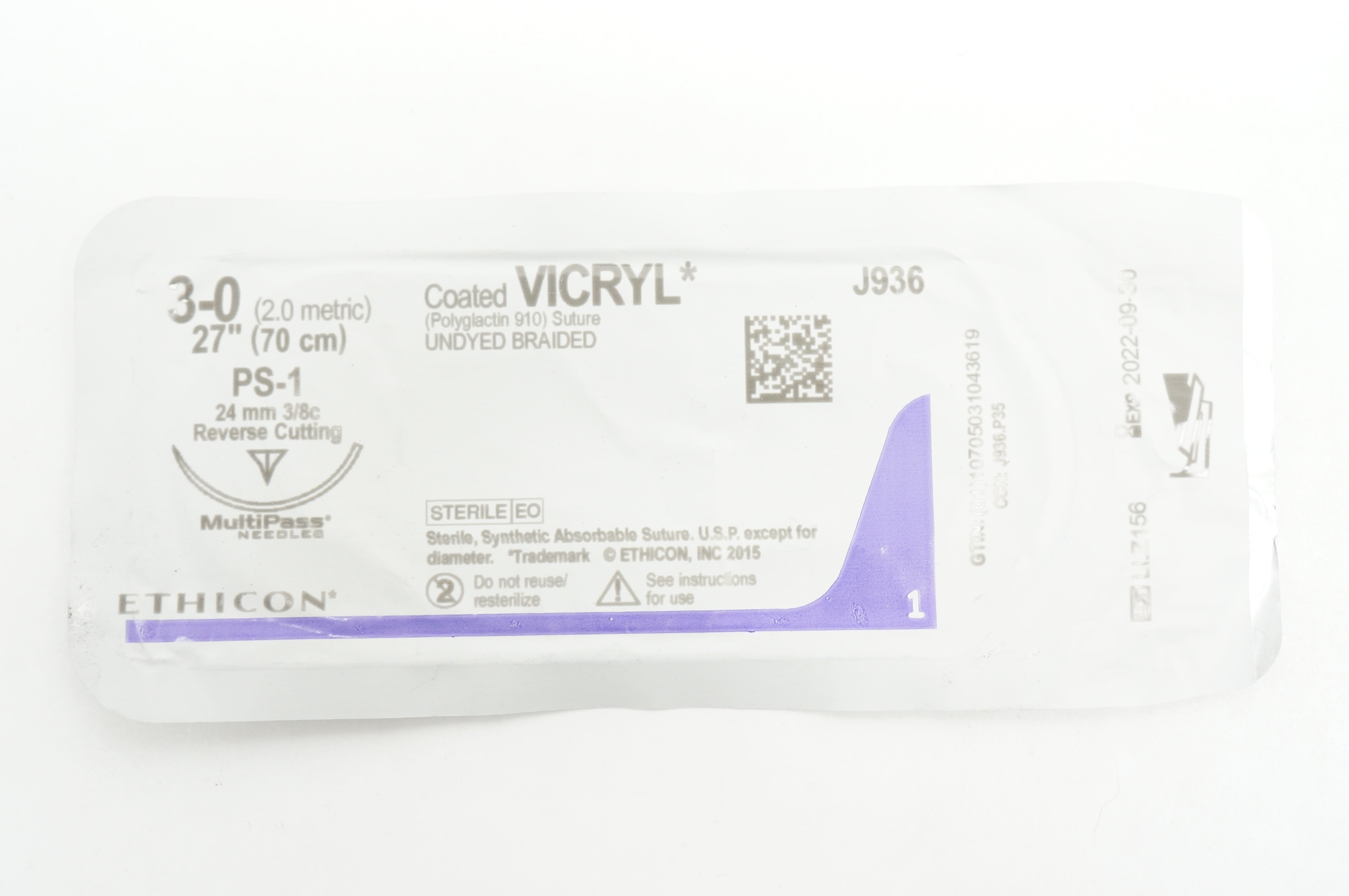 Ethicon J936 3-0 Vicryl, PS-1, 24mm 3/8c Reverse Cutting, 27inch (x)