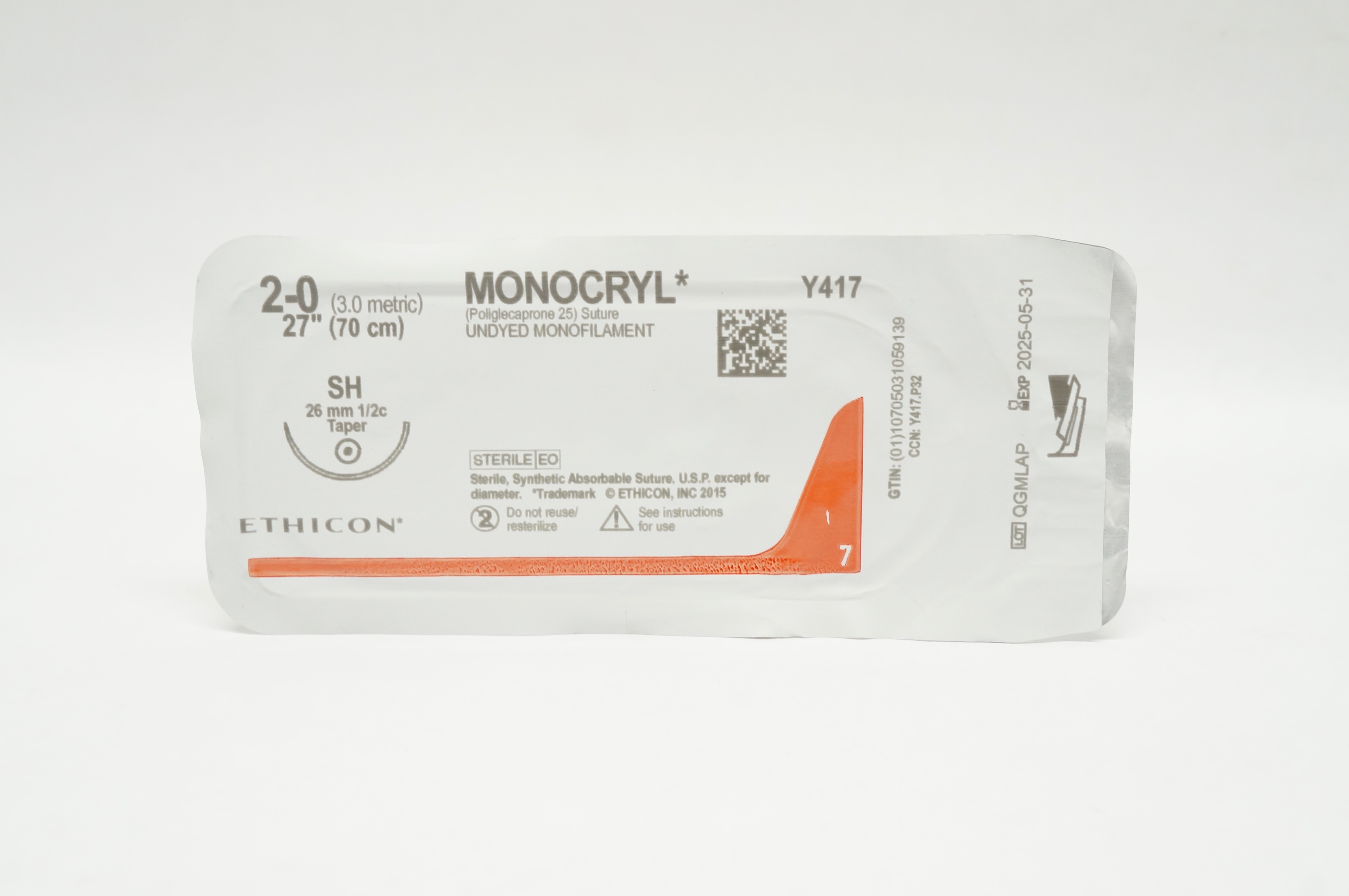 Ethicon Y417 2-0 Monocryl Poliglecaprone 25 Stre SH 26mm 1/2c Taper 27 inch