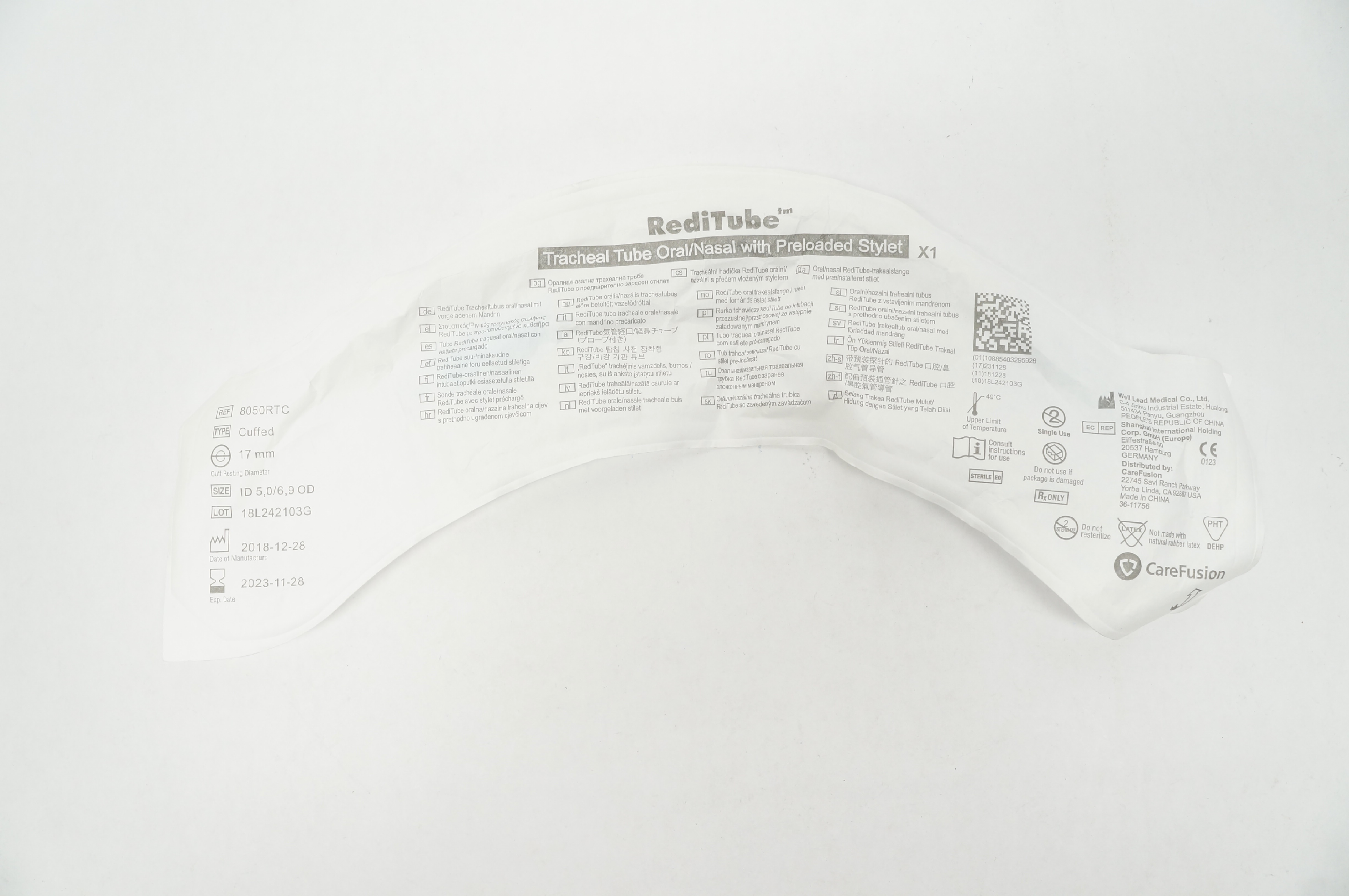 CareFusion 8050RTC RedTube Tracheal Tube Oral/Nasal W/Preloaded Stylet 5.0/6.9