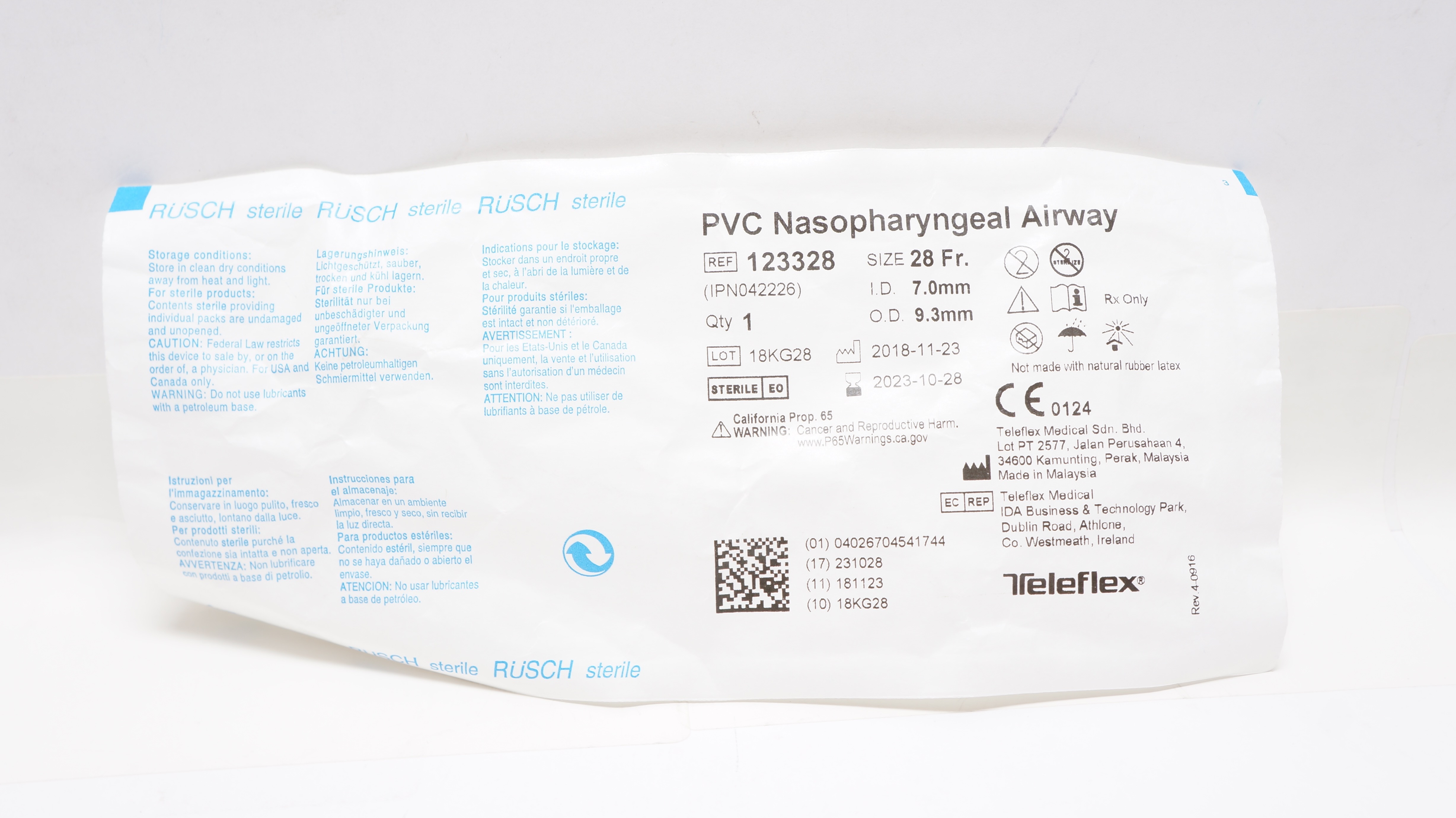 Teleflex 123328 Rusch PVC Nasopharyngeal Airway  28 Fr. 7.0mm ID x 9.3mm OD (x)