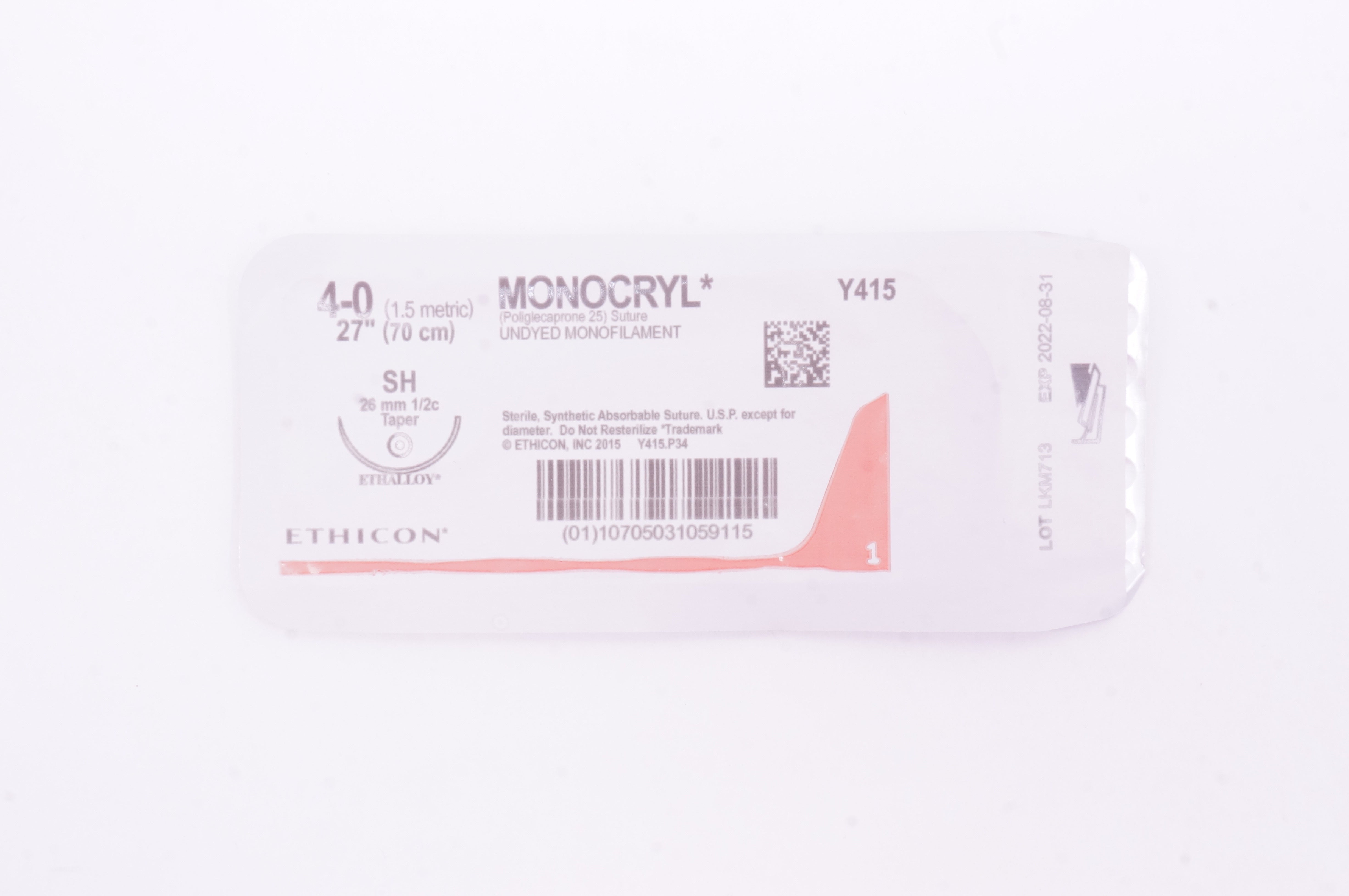 Ethicon Y415 4-0 Monocryl Poliglecaprone 25 Stre SH 26mm 1/2c Taper, 27 inch (x)