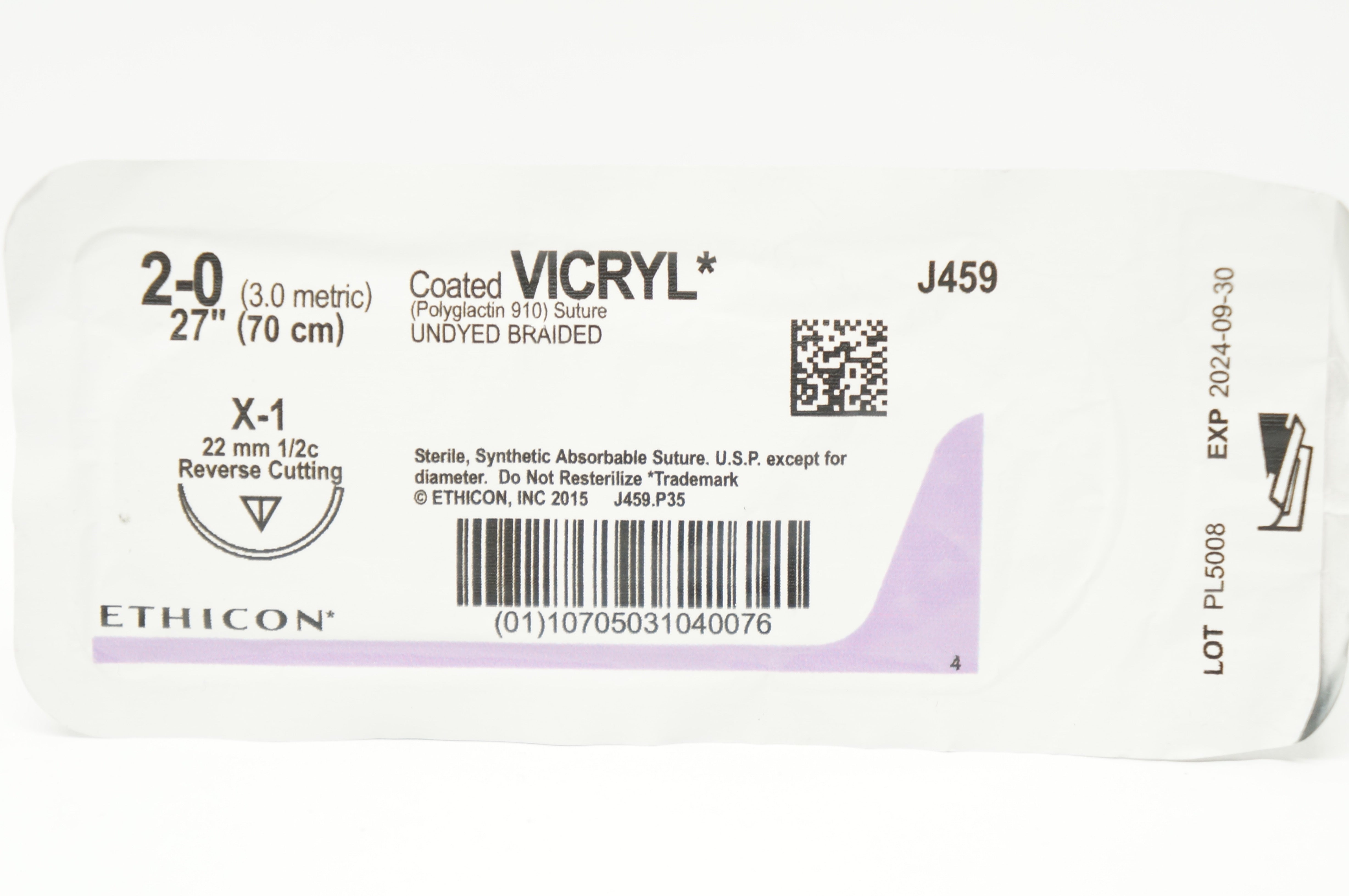 Ethicon J459 2-0 Coated VICRYL Polyglactin 910 Stre  X-1 22mm/1/2c 27in.
