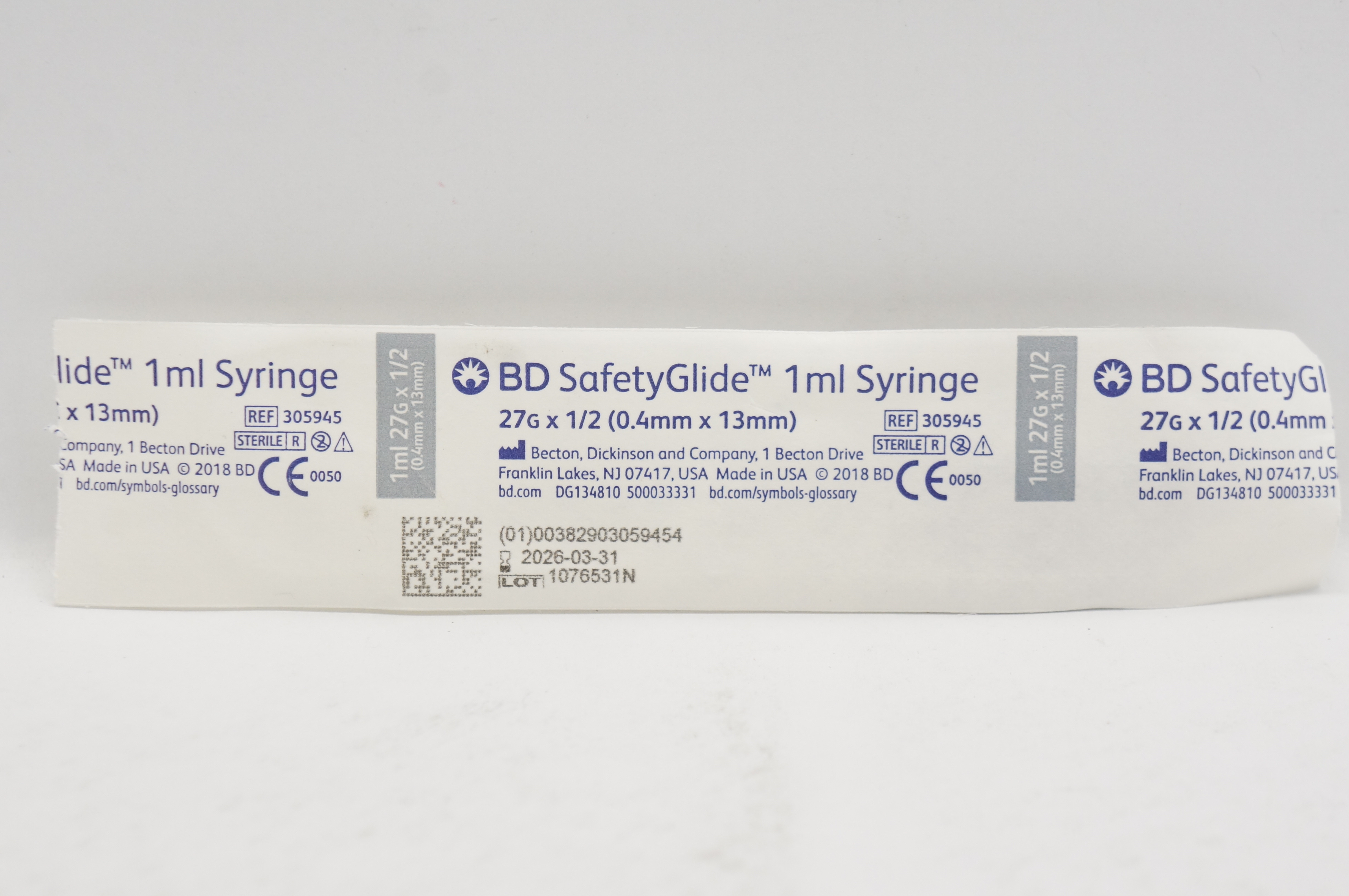 BD 305945 SafetyGlide TB Syringe 1ml 27G x 1/2inch