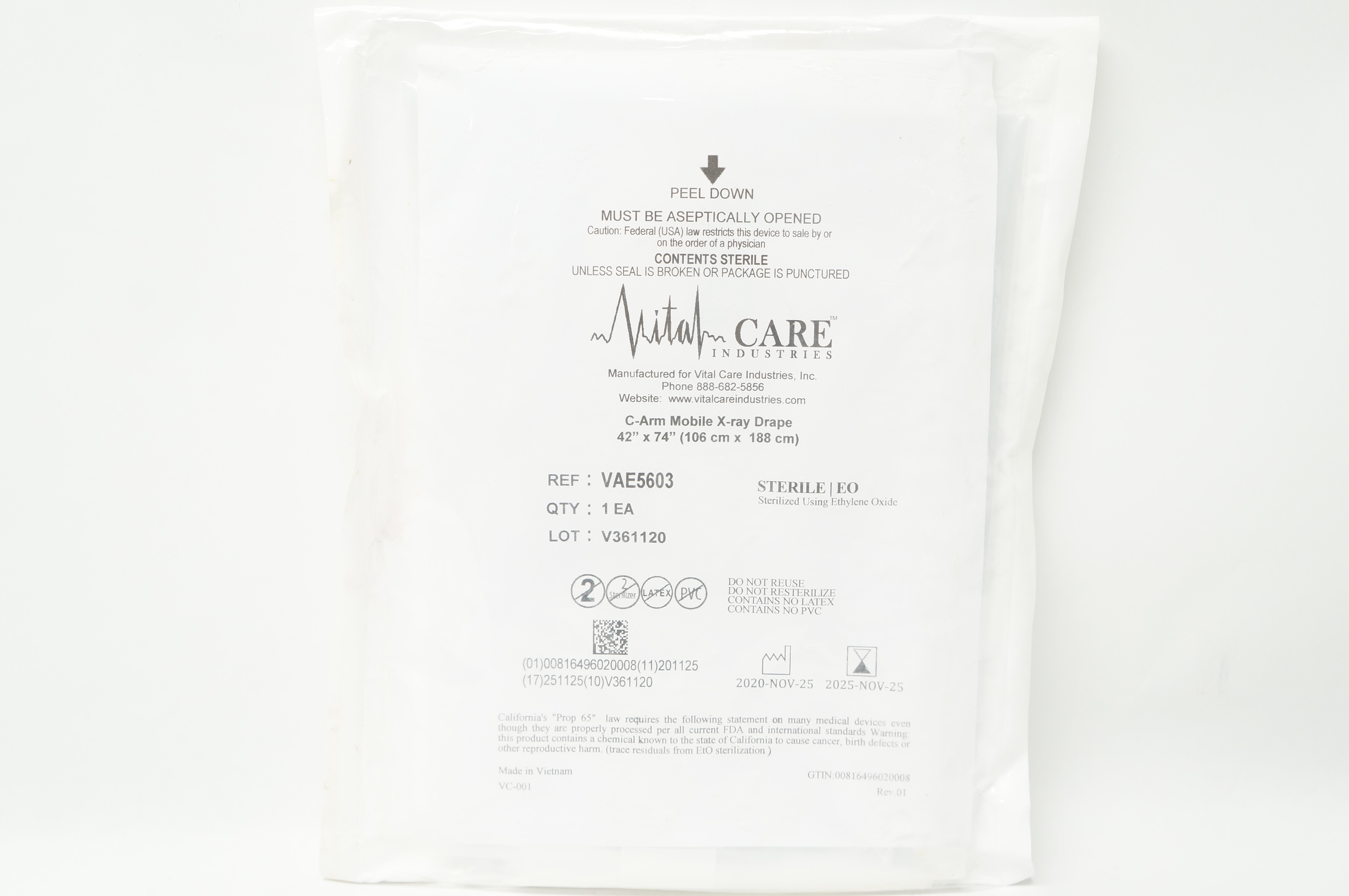 Vital Care VAE5603 CArm Mobile XRay Drape 42 inch x 74 inch