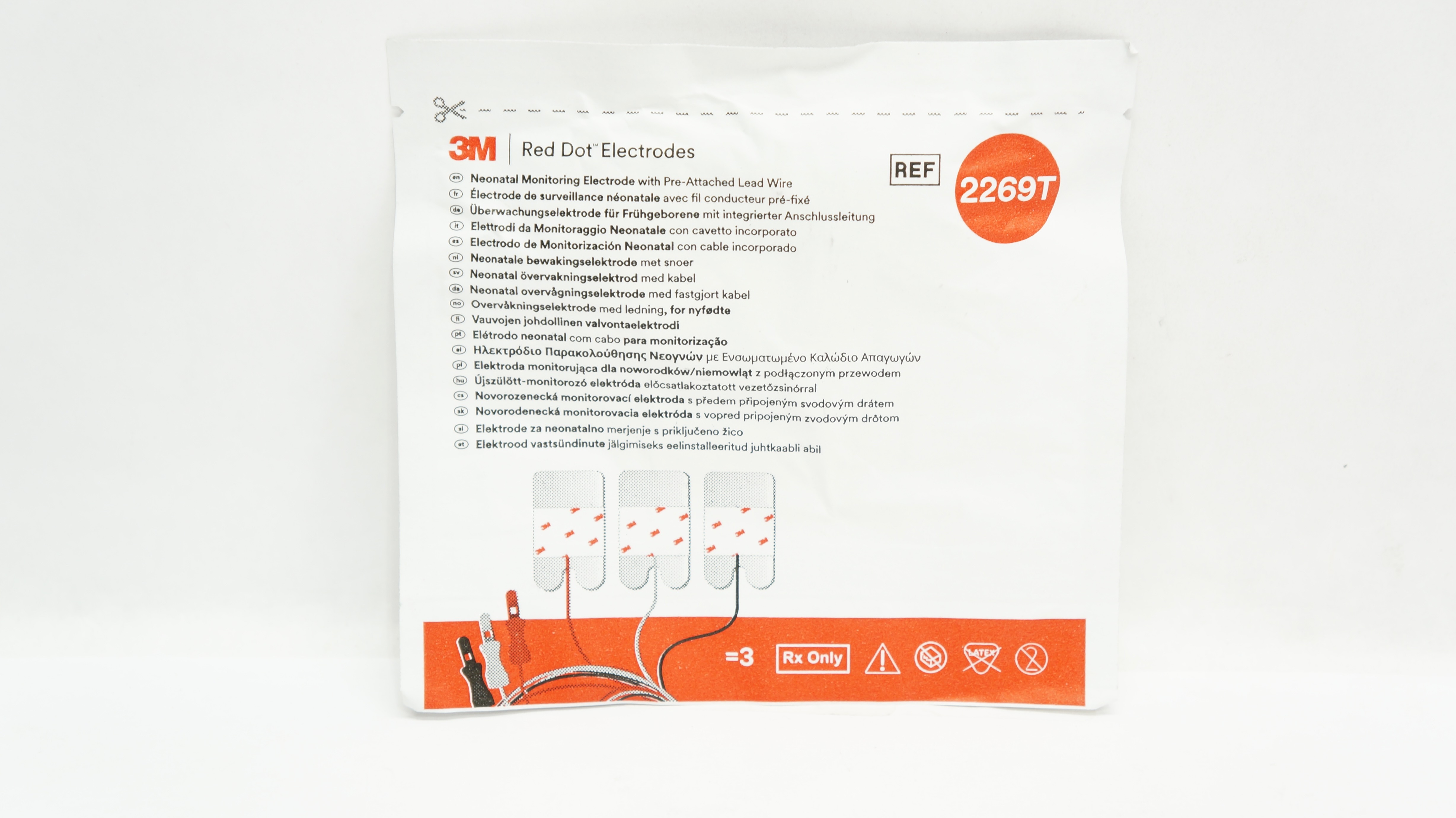 3M 2269T Red Dot Neonatal Monitoring Electrode w/Pre-Attached Wire - Pack of 3