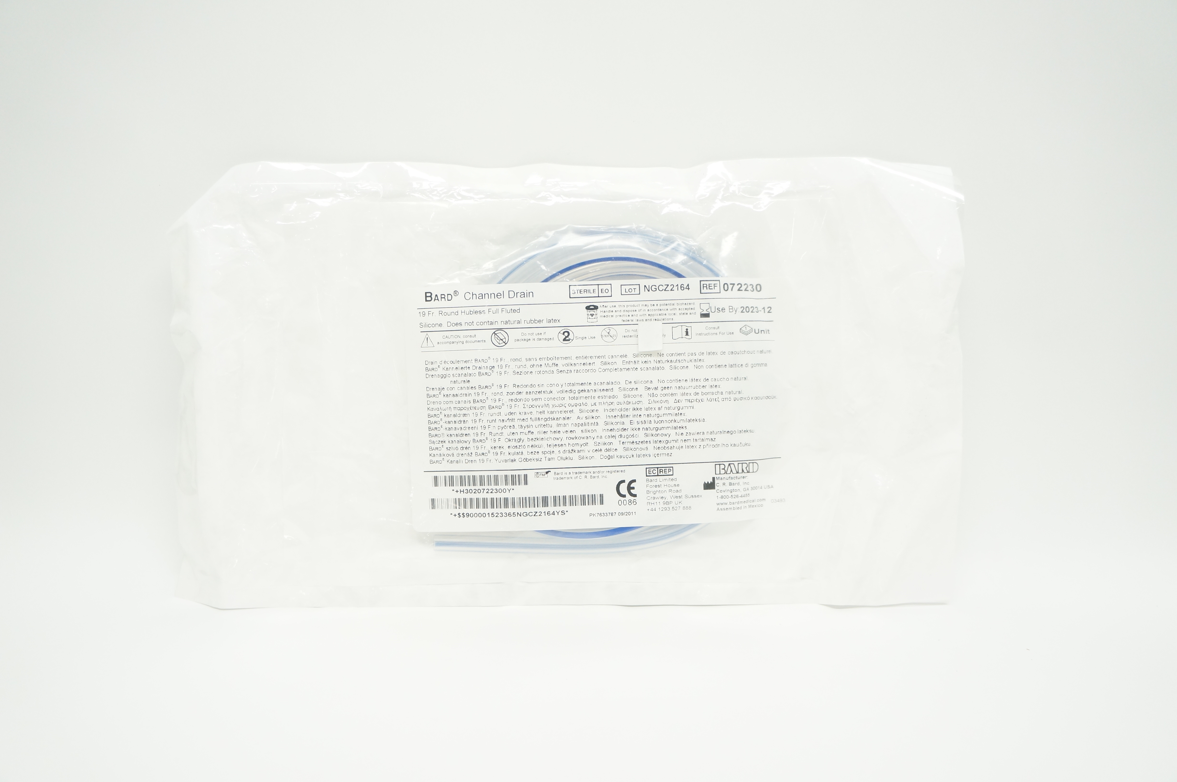 Bard 072230 Channel Drain Round Hubless Full Fluted Silicone 19 Fr.