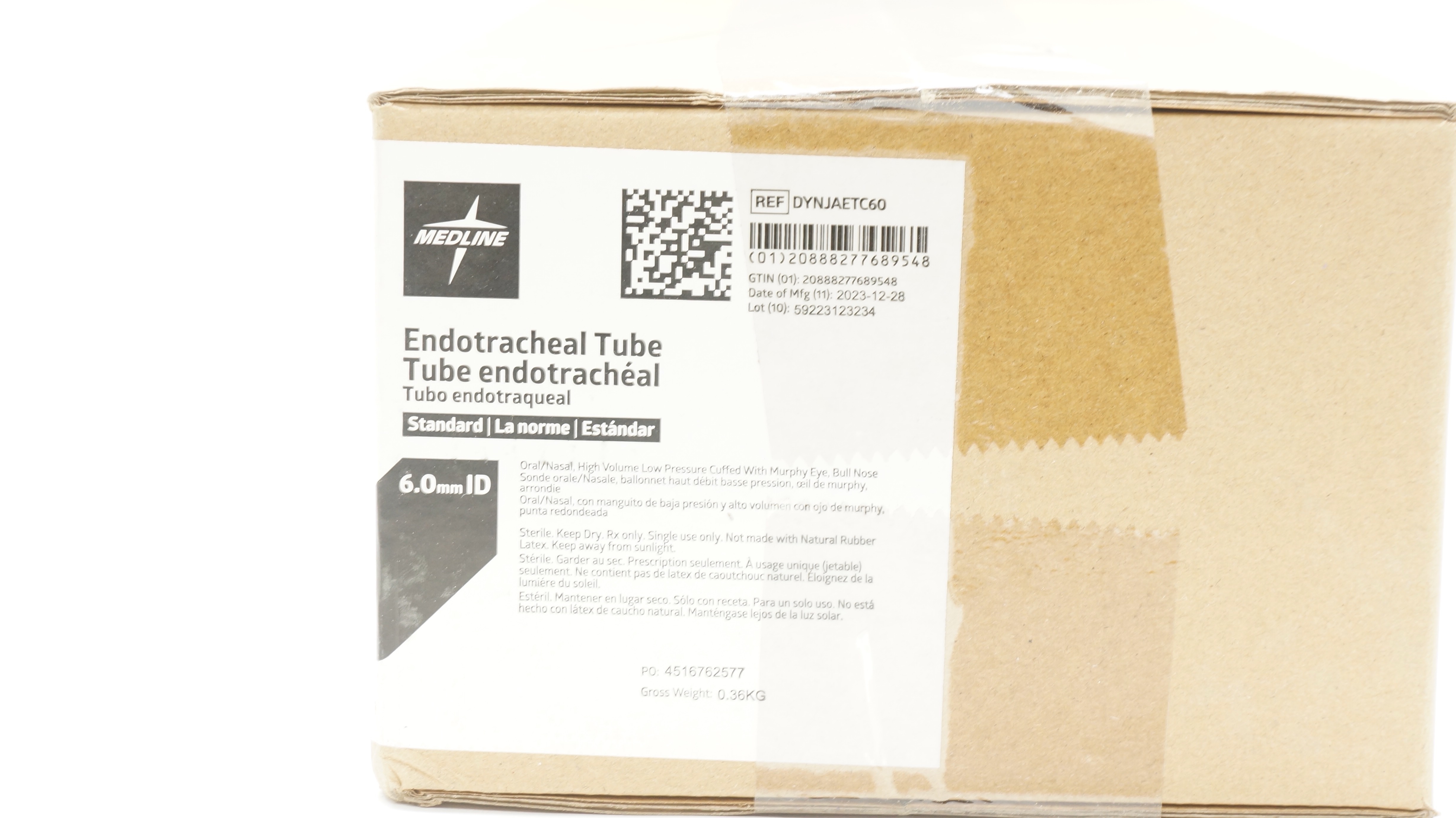 Medline DYNJAETC60 Endotracheal Tube Standard 6.0mm ID