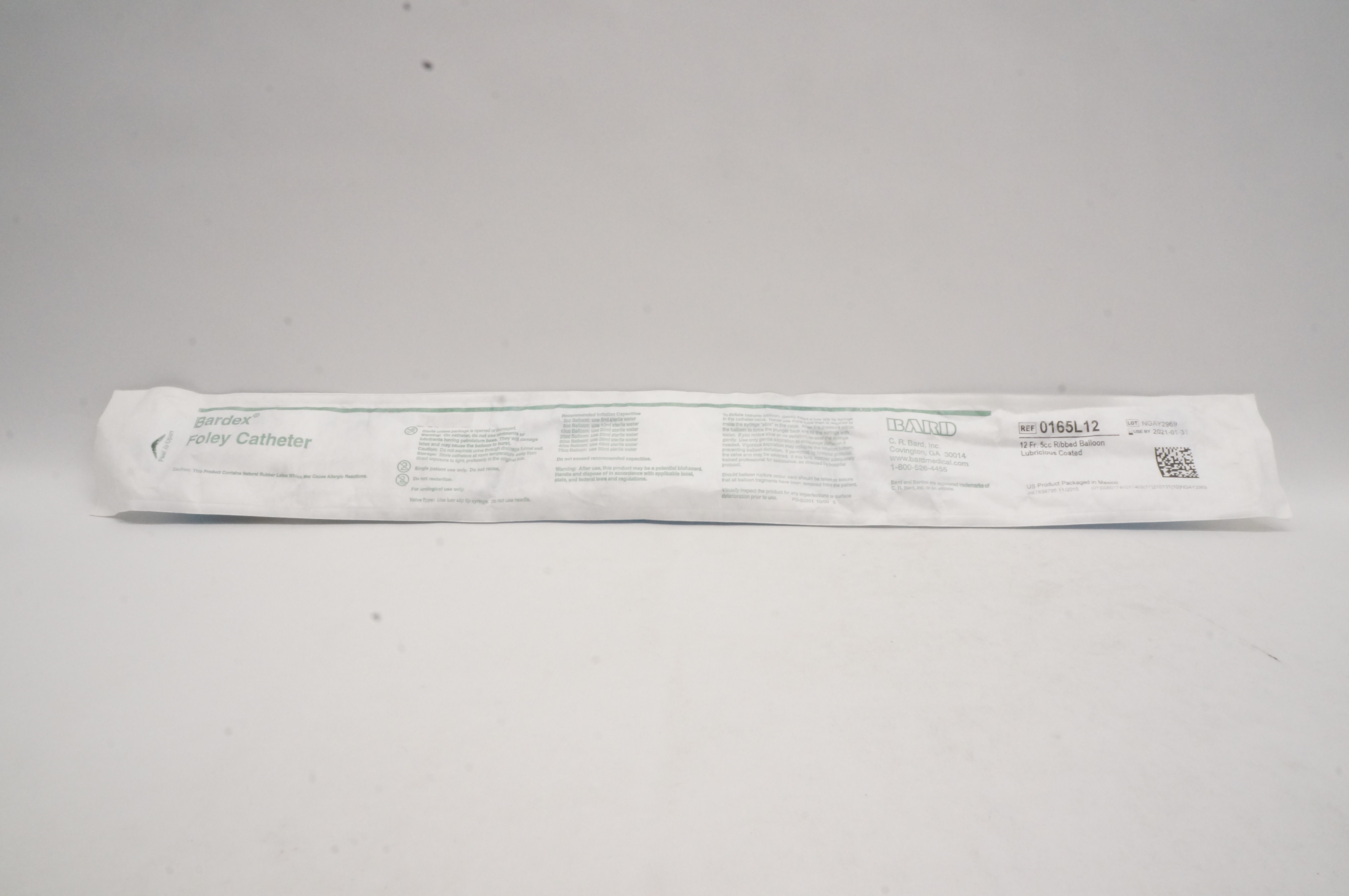 Bard 0165L12 Foley Cath.12 Fr. 5cc Ribbed Balloon Lubricious Coated